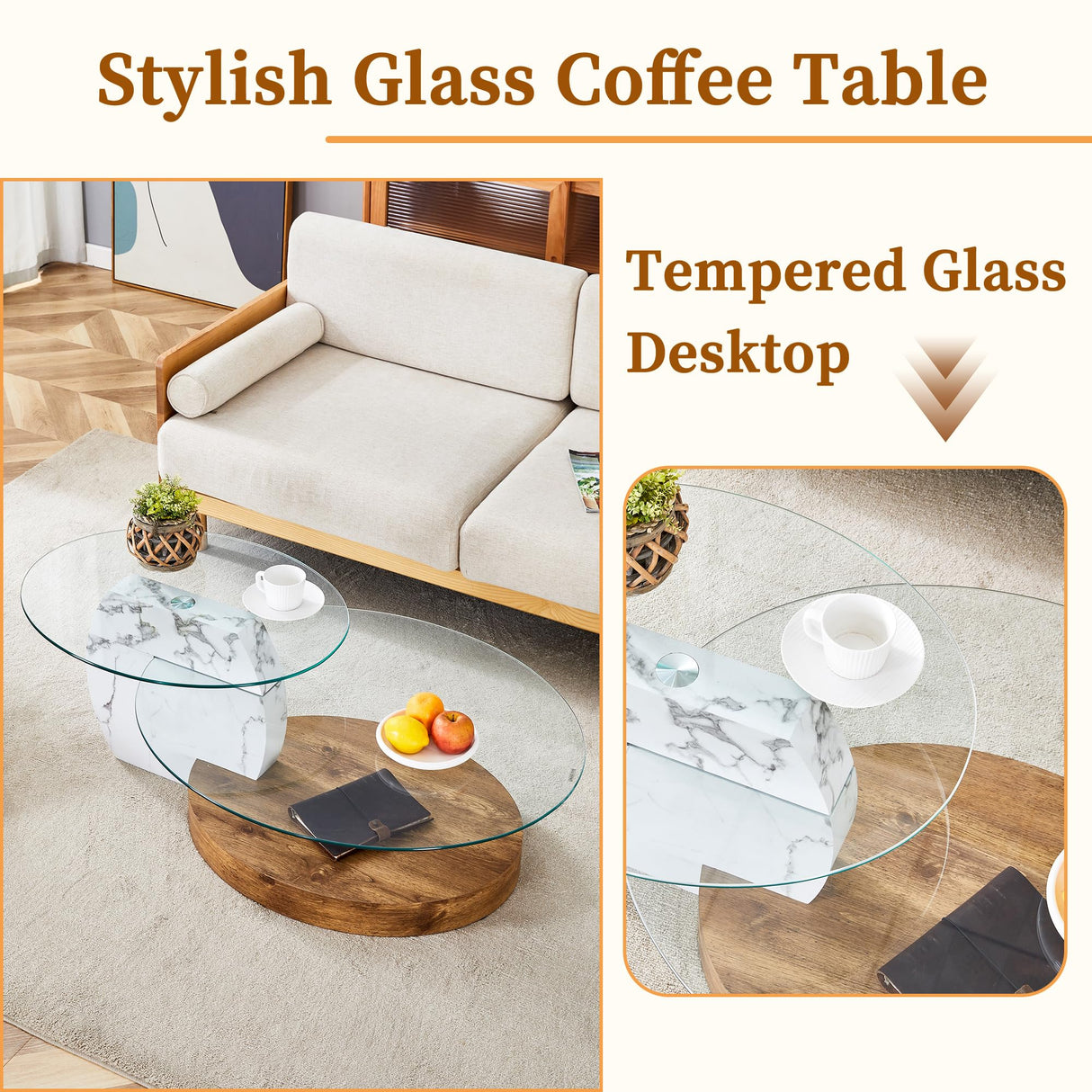 Ebullient Glass Coffee Table, 47" Oval Coffee Table, 2-Tier Glass Tabletop with Wood Base, Easy to Maintain and Assemble, Ideal for Dining Room, Living Room Ebullient
