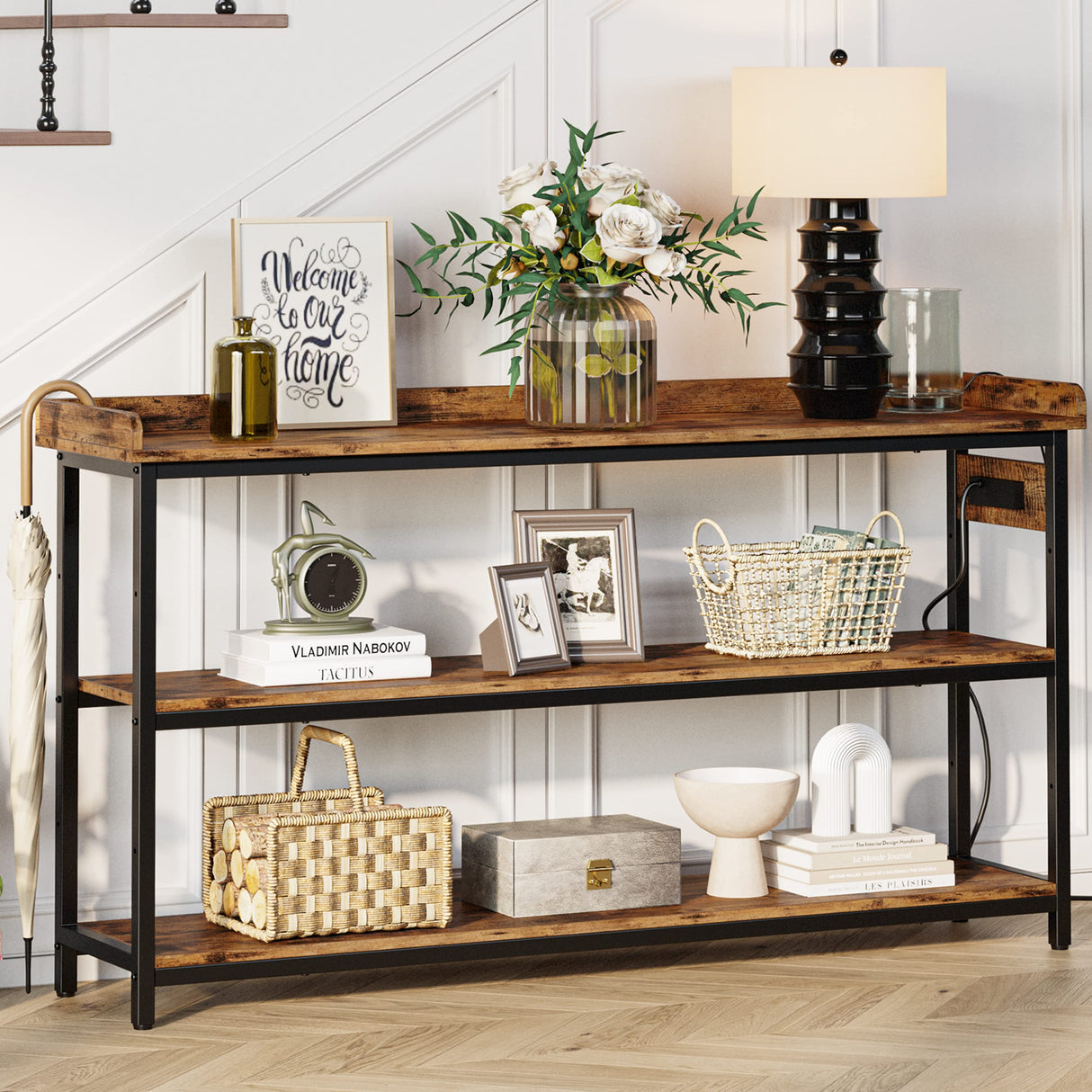 IRONCK Console Table, Sofa Table with Power Outlet, Farmhouse Hallway Table for Entryway, Living Room, Height Adjustable, Easy Assembly, Rustic Brown,55" IRONCK