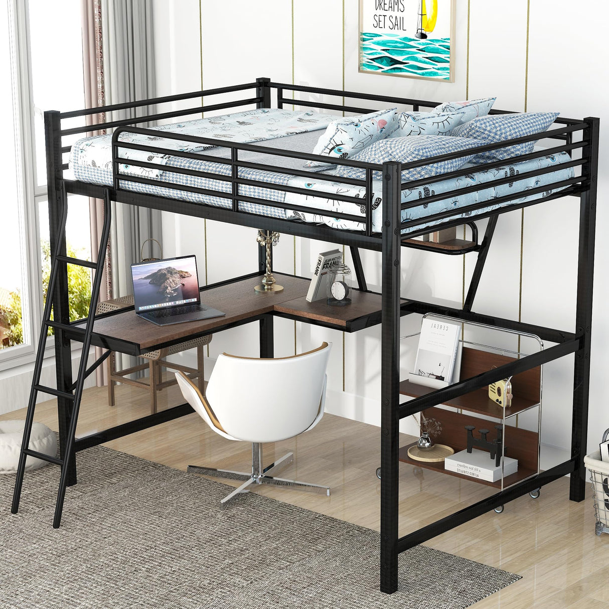 Full Size Loft Bed with Desk and Storage Shelf, Heavy Duty Loft Bed Full Size, Full Loft Bed with L- Shaped Desk and Guardrail, Full Size Loft Bed for Kids, Teens, Adults, Full Size Loft Bed Black Bellemave