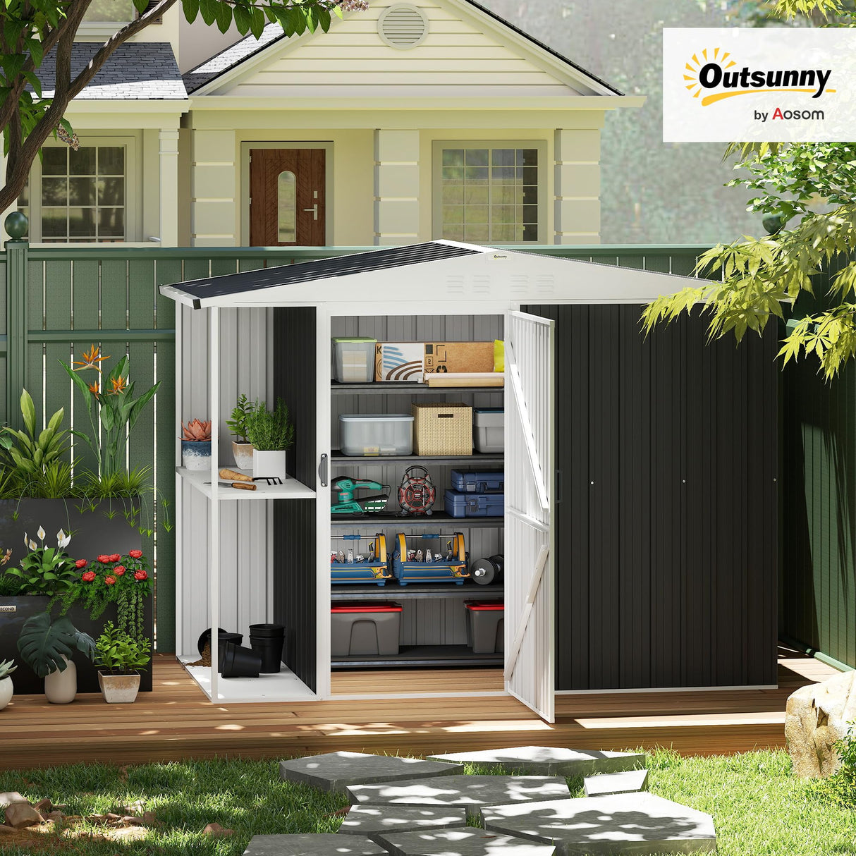 Outsunny 8 x 4ft Outdoor Storage Shed with Lock, 2-Tier Storage Rack, Air Vents, Garden Tool Shed for Backyard, Patio, Lawn, Dark Gray Outsunny