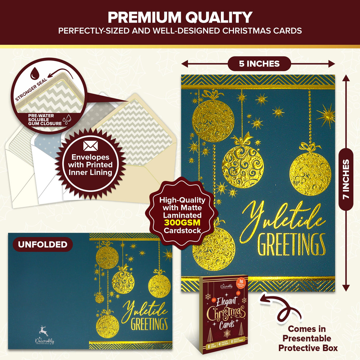 Decorably 16 Pack Gold Foil Embossed 5x7in Merry Christmas Cards with Envelopes and Stickers, 8 Elegant Designs Assorted Christmas Cards Boxed with Envelopes, with Printed Message Inside Decorably