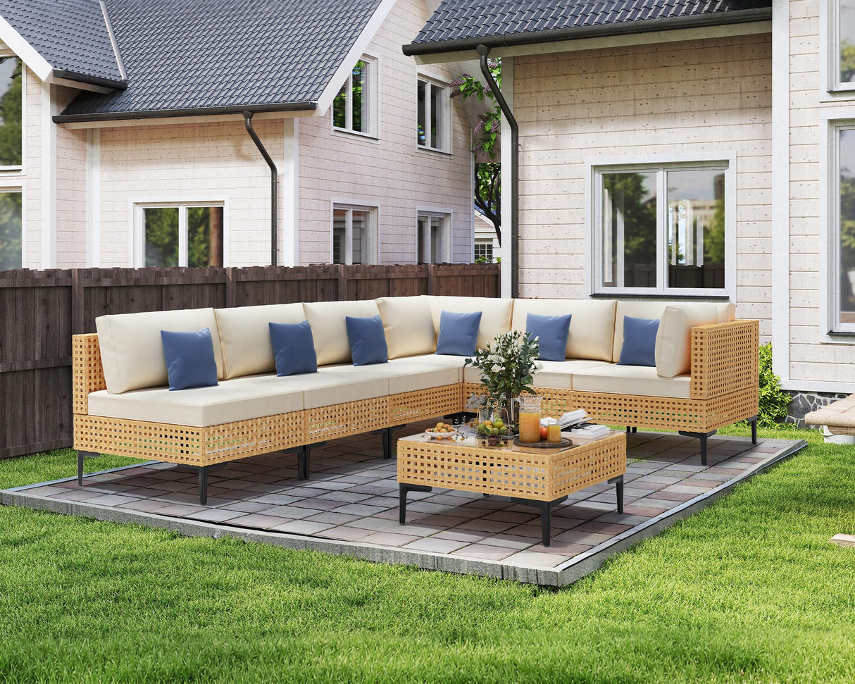 ABCASA Patio Furniture Set, 110" Large 7-Piece Wicker Outdoor Patio Furniture Sets with Coffee Table,Boho Patio Conversation Set Sectional Sofa with All-Weather Cushions for Backyard,Porch,Beige ABCASA