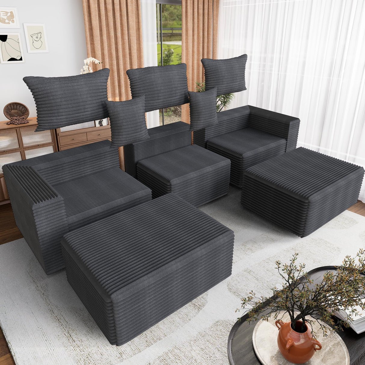 110 Corduroy Modular Sectional Boneless Sofa with 2 Ottomans, Convertible Cloud Couch with Deep Seats, Fluffy Memory Foam U Shaped Couch for Living Room, No Assembly Required, Black (Gray) Garaneeds
