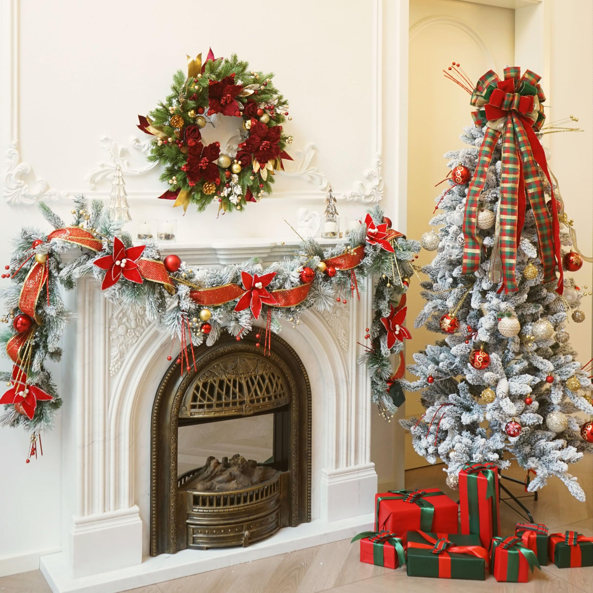 Christmas Wreaths for Front Door, Soomeir Outdoor Winter Wreaths, Large Welcome Wreath with Lights for Holiday Outside Indoors Office Mantle Window (Red Gold) Soomeir