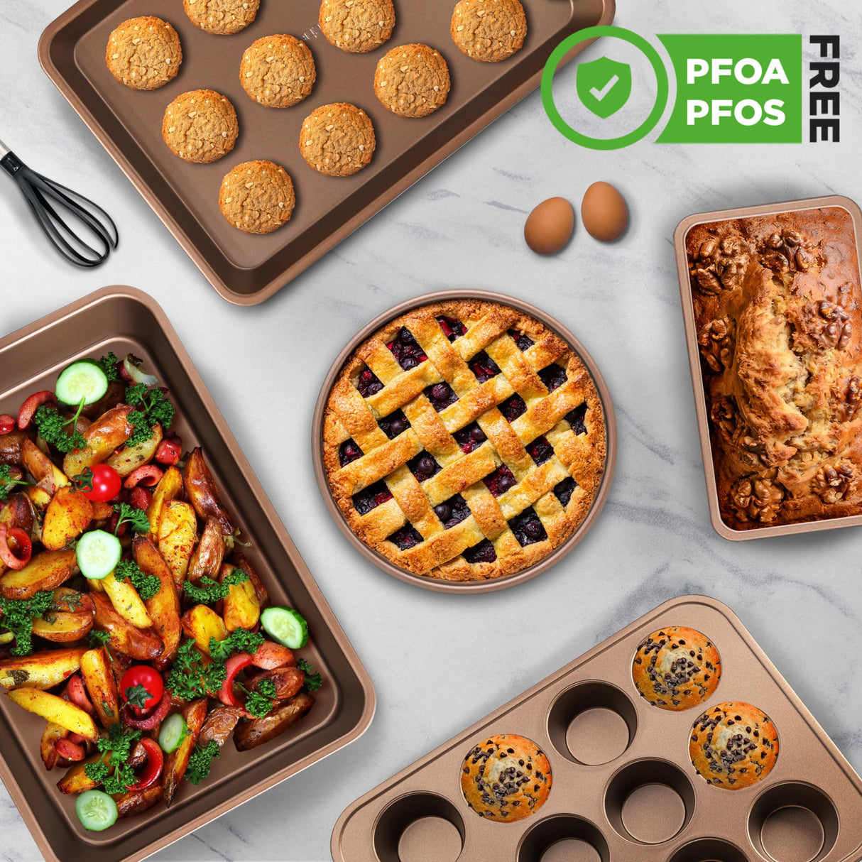 NutriChef 6-Piece Nonstick Bakeware Set, Carbon Steel Baking Pans, Includes Cookie Trays, Wide & Square Bake Pan, Bread Loaf & Round Cake Pan, Muffin Pan - Gold NutriChef