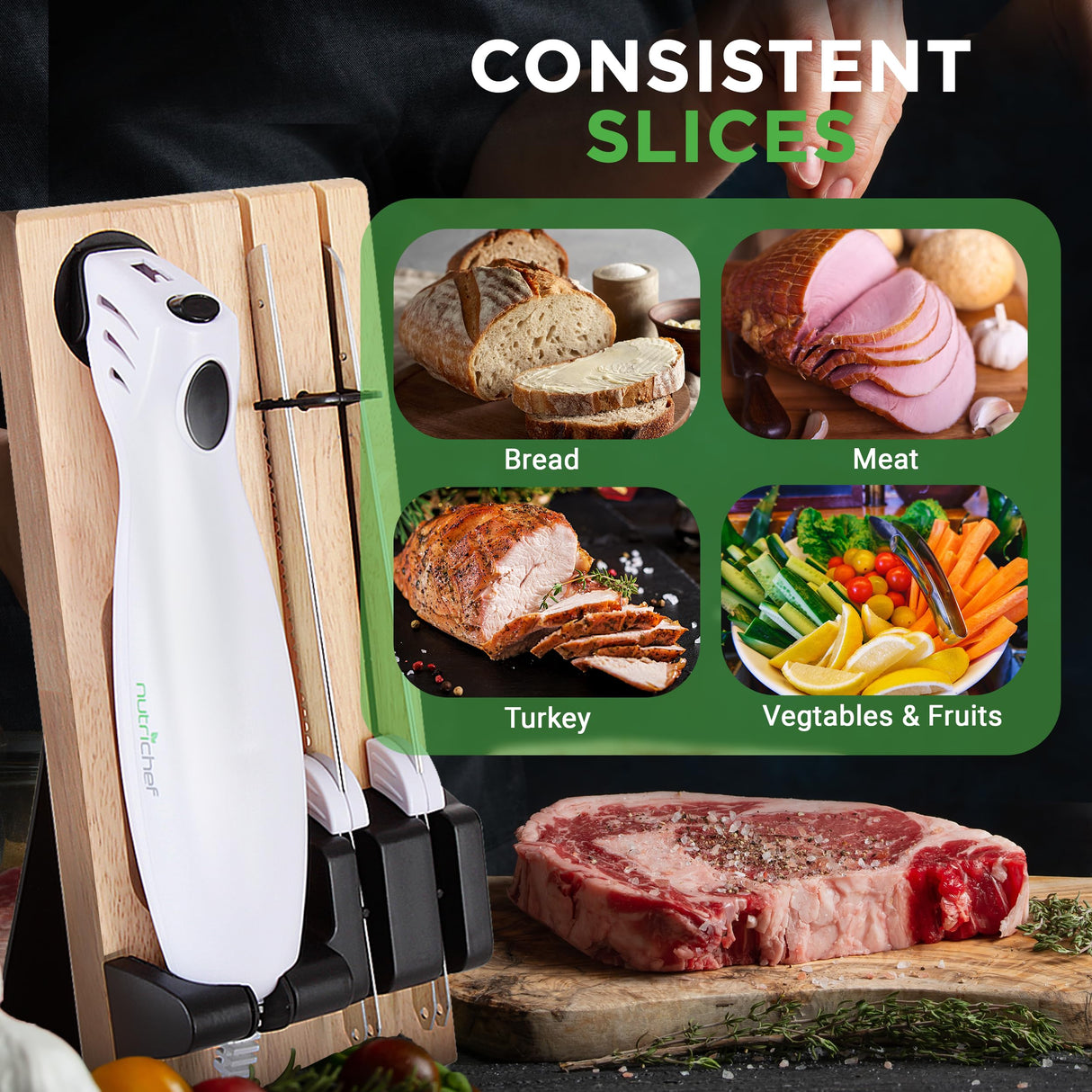 NutriChef Electric Carving Turkey Slicer Kitchen Knife | For Thanksgiving | Portable Electrical Food Cutter Knife Set with Carving Blades & Wood Carving Stand | Cuts Meat, Bread, Cheese & Fruit NutriChef