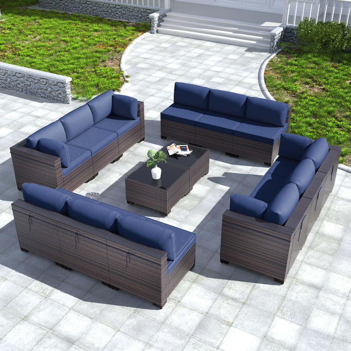 Kullavik 14PCS Outdoor Patio Furniture Set PE Wicker Rattan Sectional Sofa Patio Conversation Sets,Navy blue Kullavik