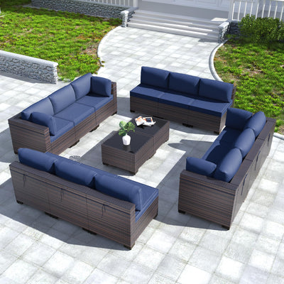 Kullavik 14PCS Outdoor Patio Furniture Set PE Wicker Rattan Sectional Sofa Patio Conversation Sets,Navy blue