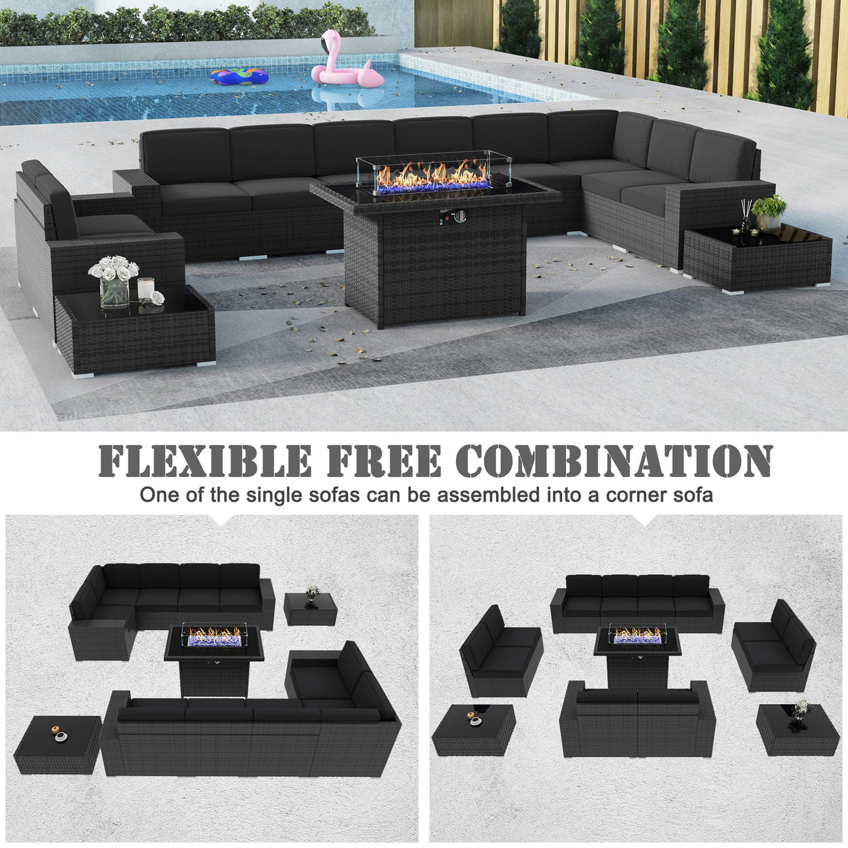 Vakollia 13 Pieces Patio Furniture Set with 44" Propane Gas Fire Pit Table, Outdoor Sectional Wicker Conversation Sofa Sets with Coffee Table Vakollia