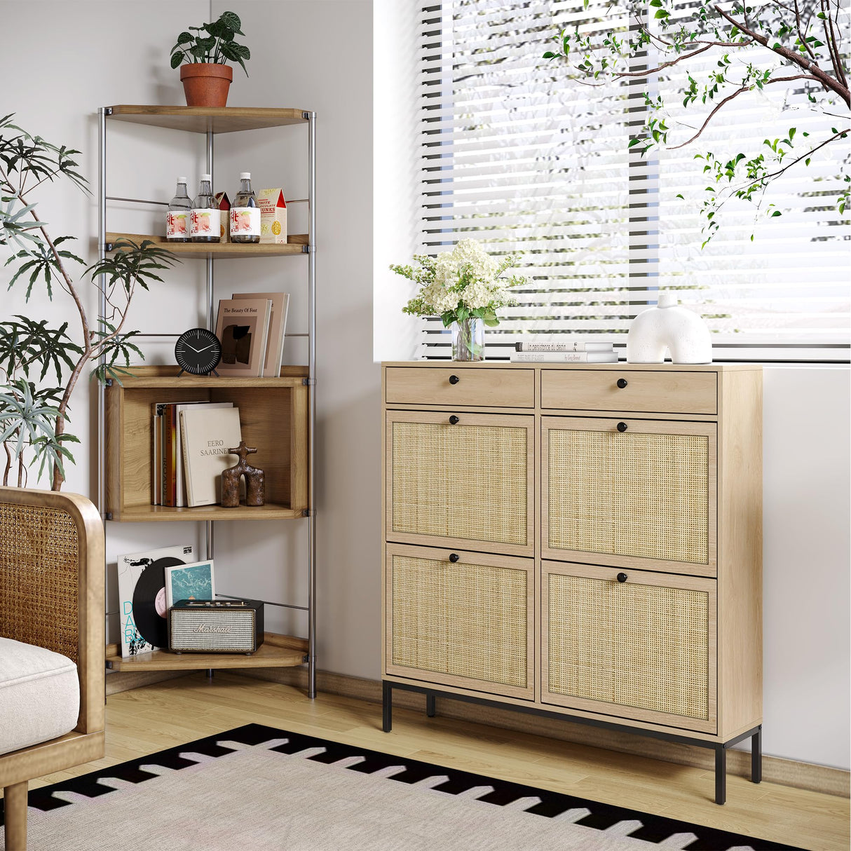 Brafab Freestanding Shoe Cabinet with 4 Flip Drawers, Natural Rattan Shoe Storage Organizer, Slim Shoe Storage for Entryway, Hallway Brafab