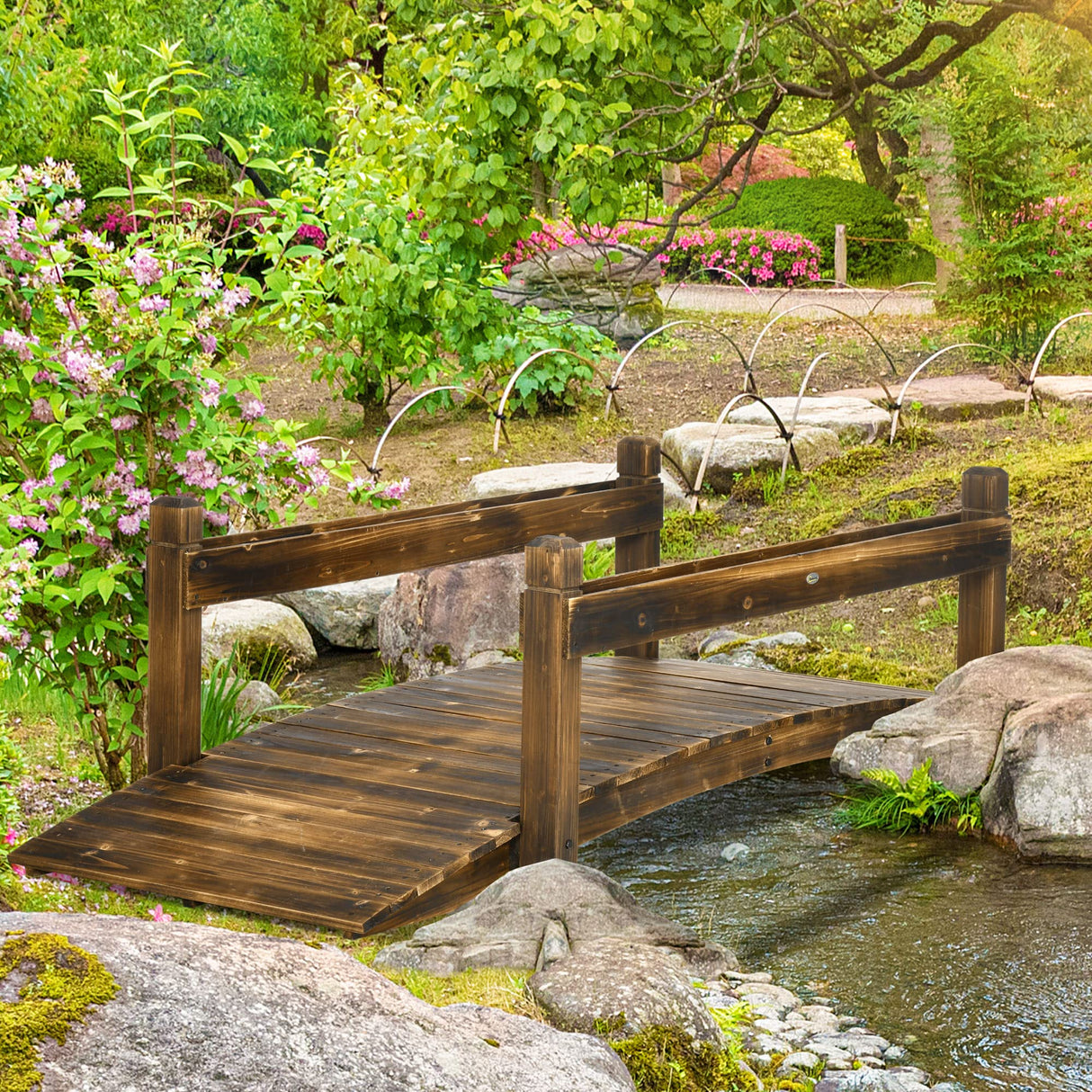 Outsunny 7.5' Wooden Garden Bridge with Planters, Stained Finish Arc Footbridge with Safety Railings for Backyard, Pond Stream, Stained Wood Outsunny