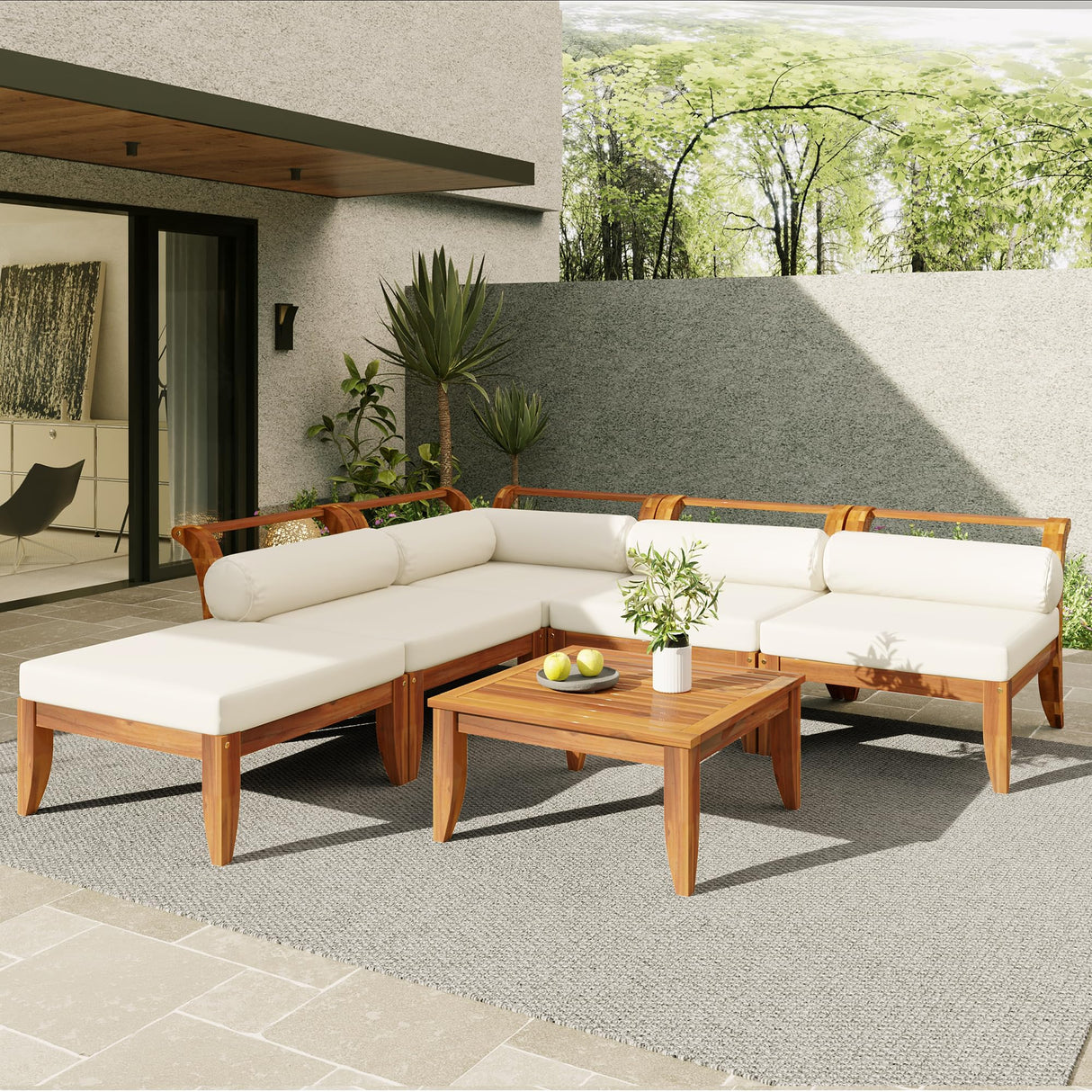 JIVOIT 6 Piece Acacia Wood Patio Sofa Set, Outdoor Modular Sectional Garden Furniture Set with Tea Table, Ottoman, 5 Cushions and Pillows, L-Shaped Conversation Daybed for Patios, Poolsides, Gardens JIVOIT