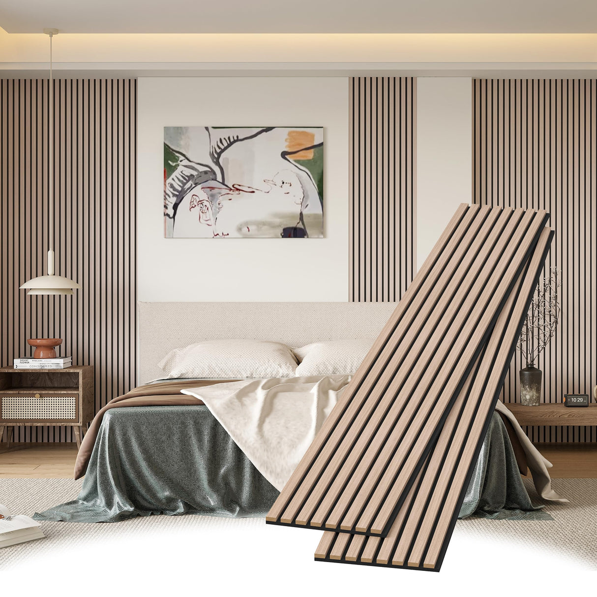 POHARE Wood Slat Wall Panels, 2 Pack 8 x 1 ft Decorative Wood Panels for Wall,Stylish Wall Panels for Interior Wall Decor, Modern Acoustic Wood Wall Panels with Felt Backing, Natural POHARE