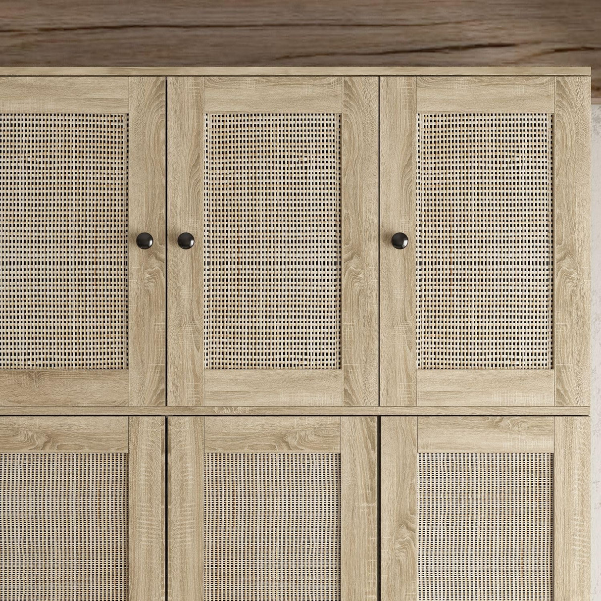 MOUMON 4 Rattan Door Wardrobe with Shelves and Drawers, Armoire Wardrobe with 2 Clothing Rods, Top Storage, Closet for Bedroom Oak 19" D x 59”W x 94.5”H MOUMON