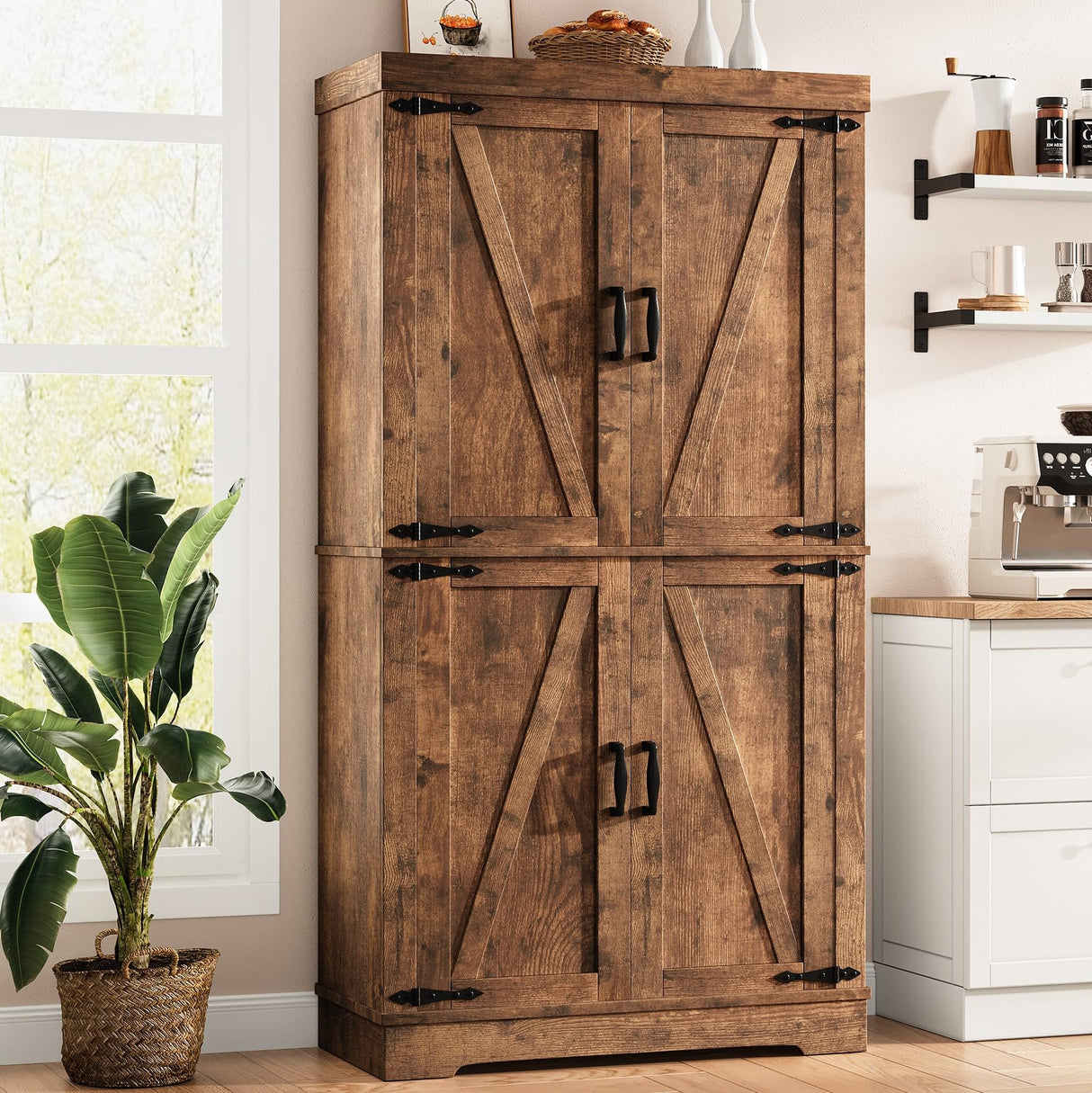 Pantry Cabinet,68'' Kitchen Pantry Storage Cabinet with 4 Doors and Adjustable Shelves, Farmhouse Tall Food Large Wood Pantry Storage Furniture for Kitchen Dining Room,Brown Jocoevol