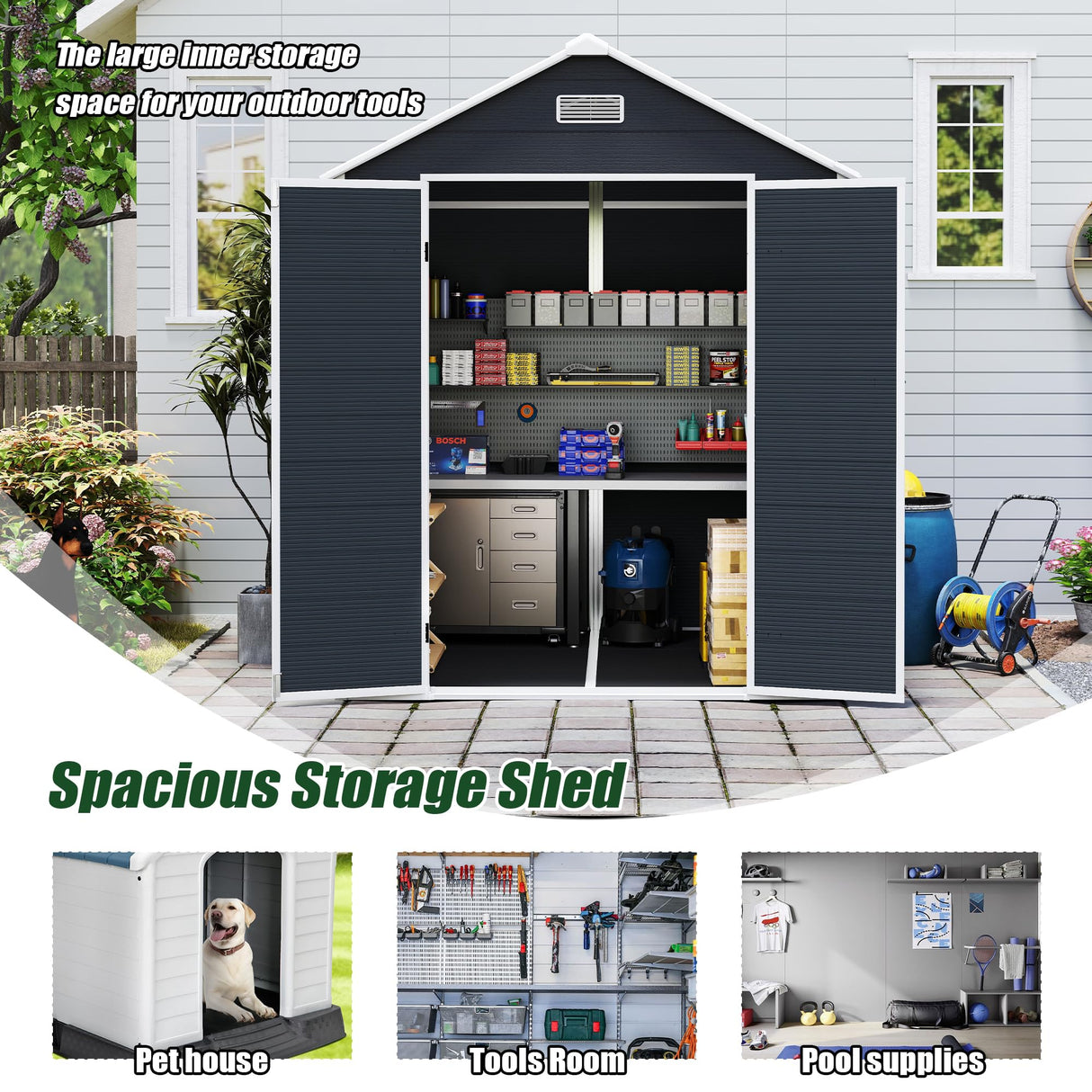 Outdoor Storage Shed 6x6 FT, Resin Shed with Floor & Window, Lockable Door, Vents, Outside Sheds & Garden Shed for Patio Furniture, Gardening Tools, Pool Equipment (Dark Gray, 6 * 6ft) OUEEEDD