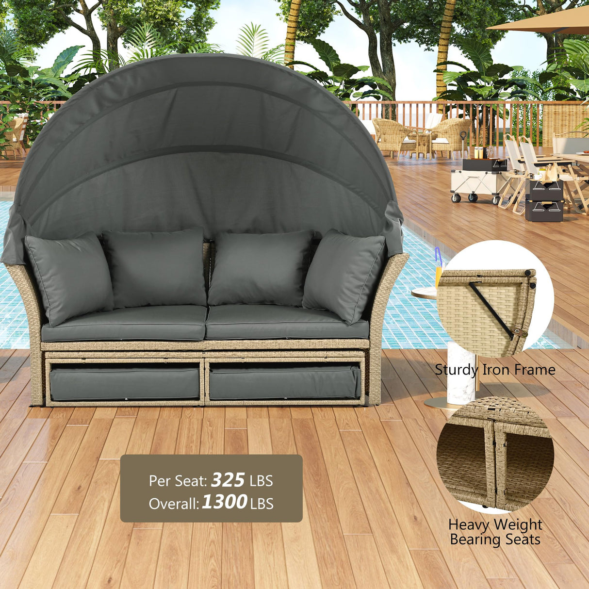 P PURLOVE Outdoor Canopy Bed Patio Daybed with 4 Pillows, Wicker Rattan Double Daybed Round Sofa Furniture Set with Retractable Canopy, 2-Person Outdoor Patio Bed for Lawn, Garden, Backyard (Grey) P PURLOVE