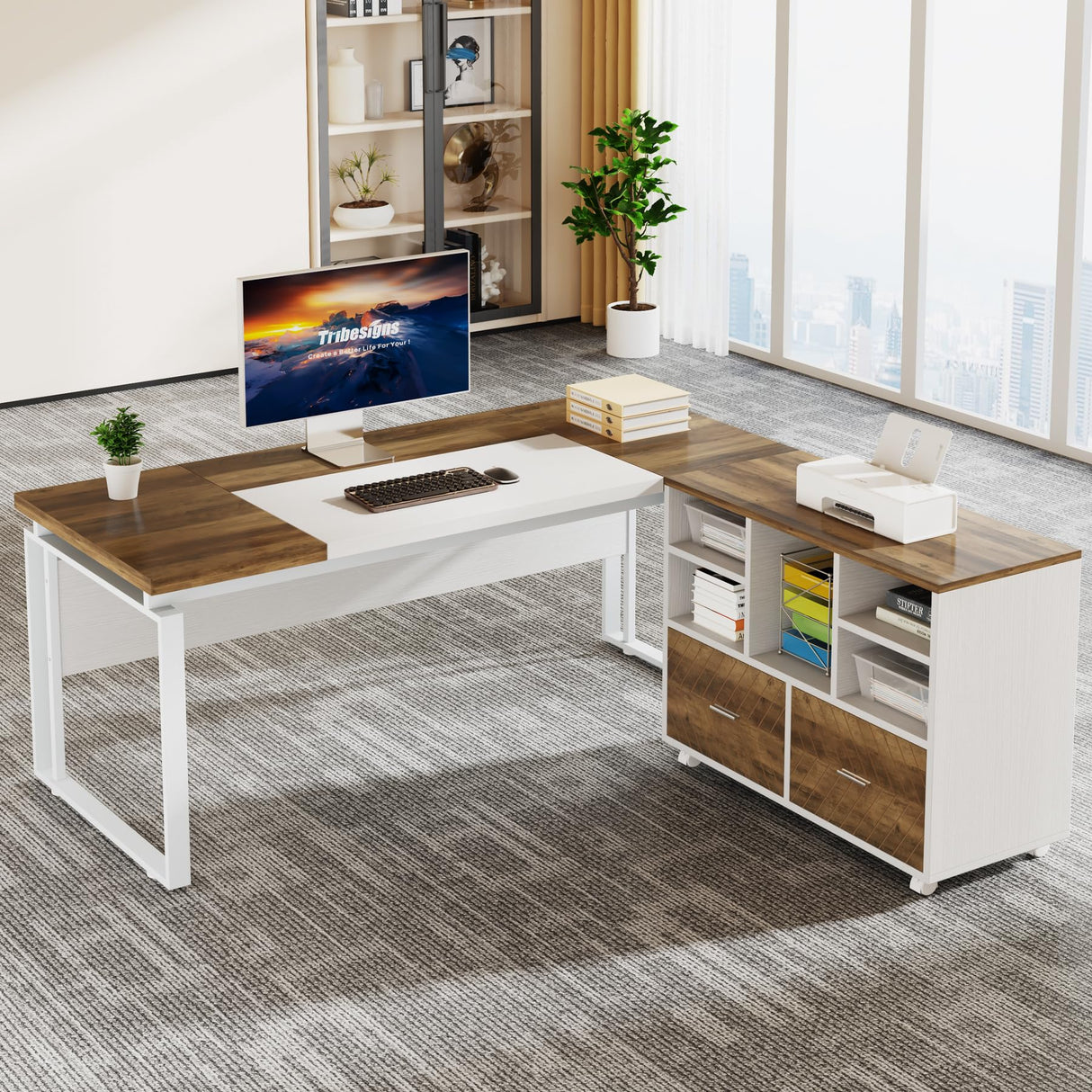 Tribesigns L-Shaped Executive Desk with Reversible File Cabinet, 63" Office Desk with Storage Drawers, Computer Desk Set (Oak Karo & White) Tribesigns