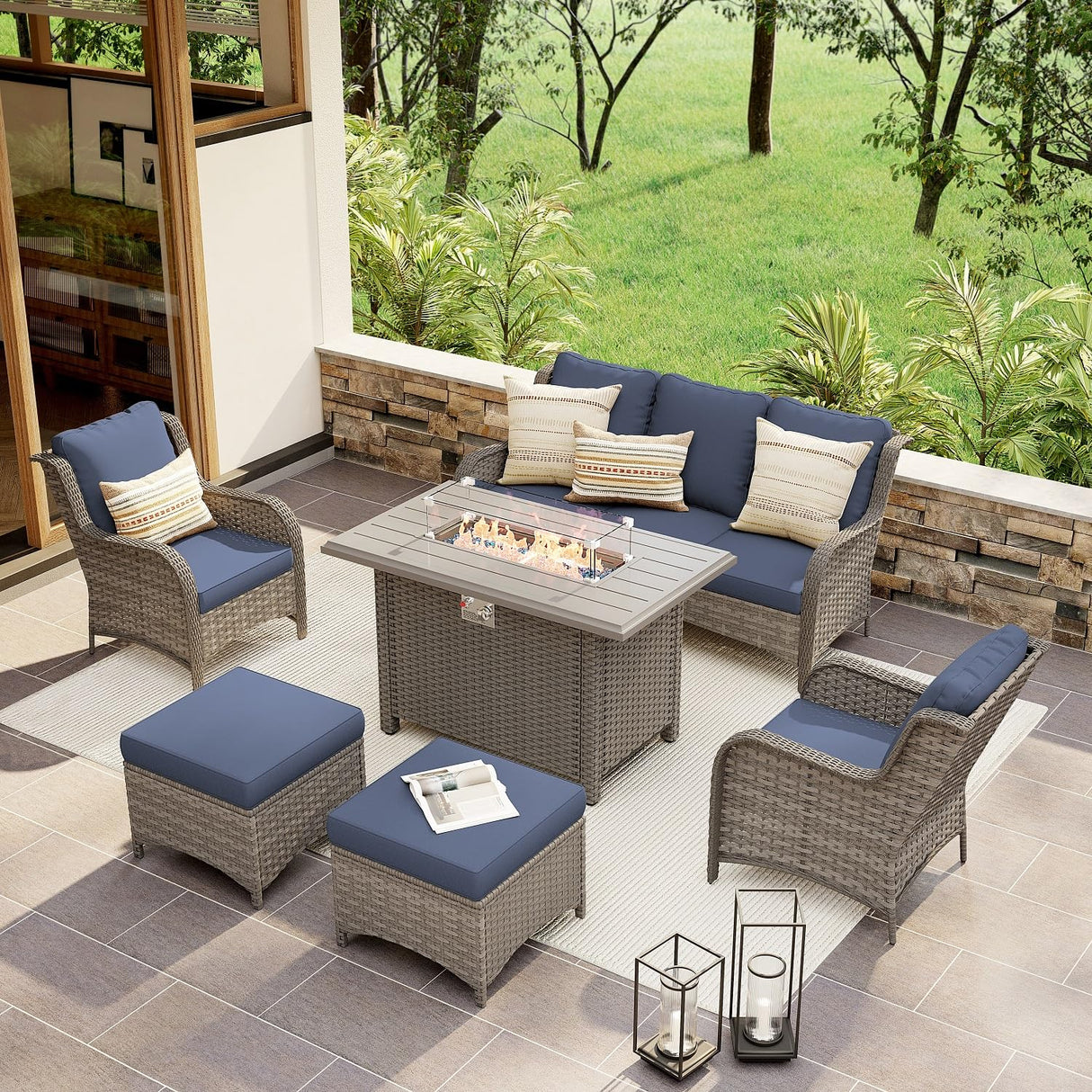 SUNSITT Outdoor Furniture Set with Fire Pit Table Wicker Patio Conversation Set 6-Piece Patio Sectional Furniture Set with Gas Firepit Grey Wicker & Denim Blue Cushion for Garden, Porch, Backyard SUNSITT