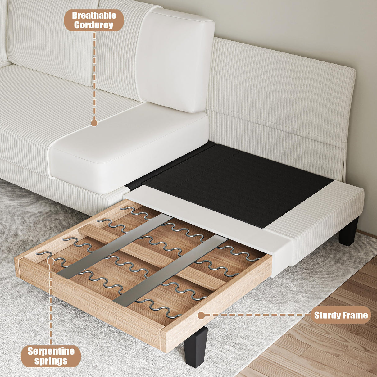 112'' Corduroy U Shaped Couch with Sleeper Lounge Chaise, 4 Seat Modern Comfy Sectional Sofa Couches for Living Room Spacious Space Apartment Office (112‘’ Corduroy White) ASAHREE