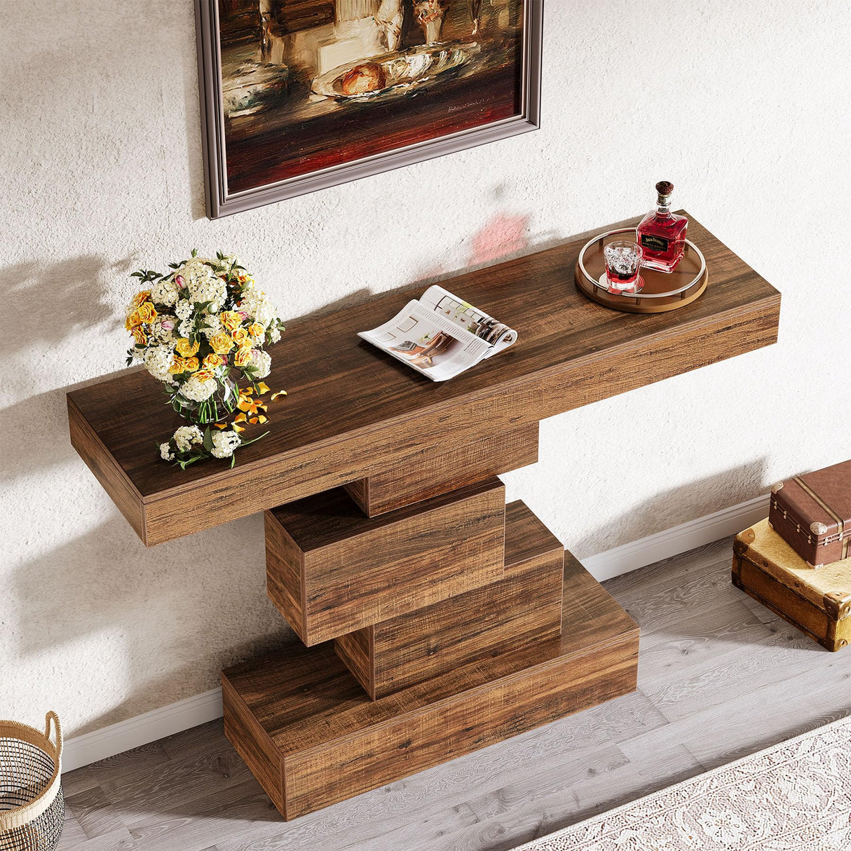 Tribesigns 42.5" Farmhouse Console Table, Narrow Wood Sofa Table Behind Couch with Geometric Base, Industrial Entryway Accent Table for Living Room, Hallway, Entrance (Rustic Brown) Tribesigns