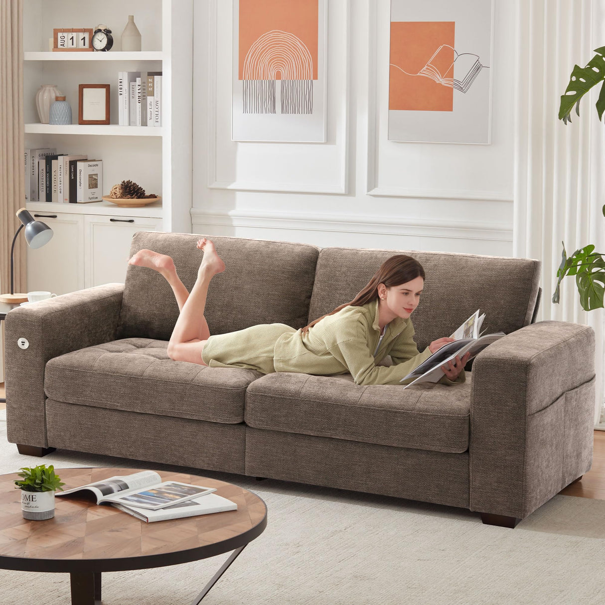 Ihanherry 89" Modern Sofas 3-Seats Couches for Living Room, Chenille Sofas with Extra Large Seat Width & Depth, USB/Type-C Charging Port & Side Pocket, Removable Medium Firm Sofa Cushion(Brown) Ihanherry