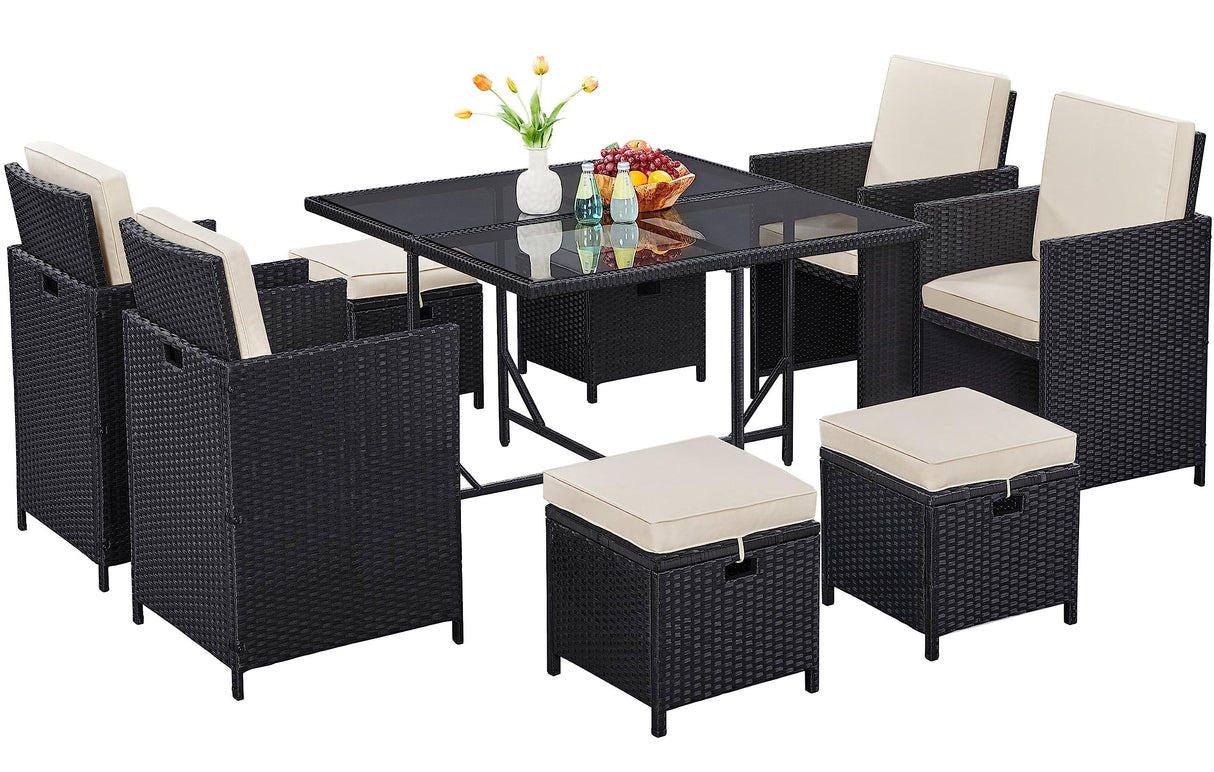 Yaheetech 9-Piece Patio Dining Sets Outdoor Space Saving Rattan Chairs with Glass Table, Wicker Patio Furniture Sets Outdoor Sectional Conversation Set with Removeable Cushions, Black Yaheetech