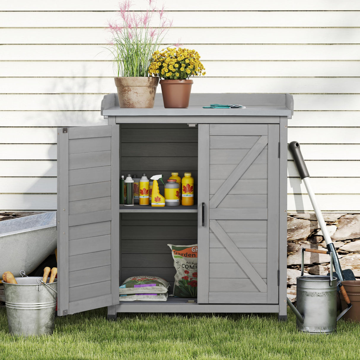 Potting Bench with Storage Cabinet and Metal Table Top for Outdoor Patio, Garden Furniture Wood Workstation (Classsic Grey, 31.5x17x39) Mederla
