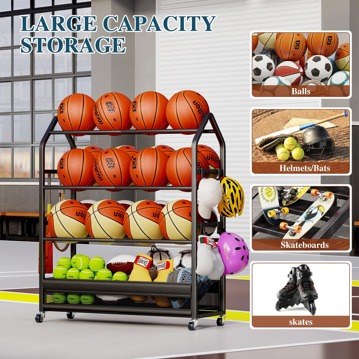 Homeiju Sports Equipment Organizer, Ball Storage Rack, Garage Sports Gear Rack with Wheels and Hooks, Indoor/Outdoor Shelf Rack for Sports Gear, Black Homeiju