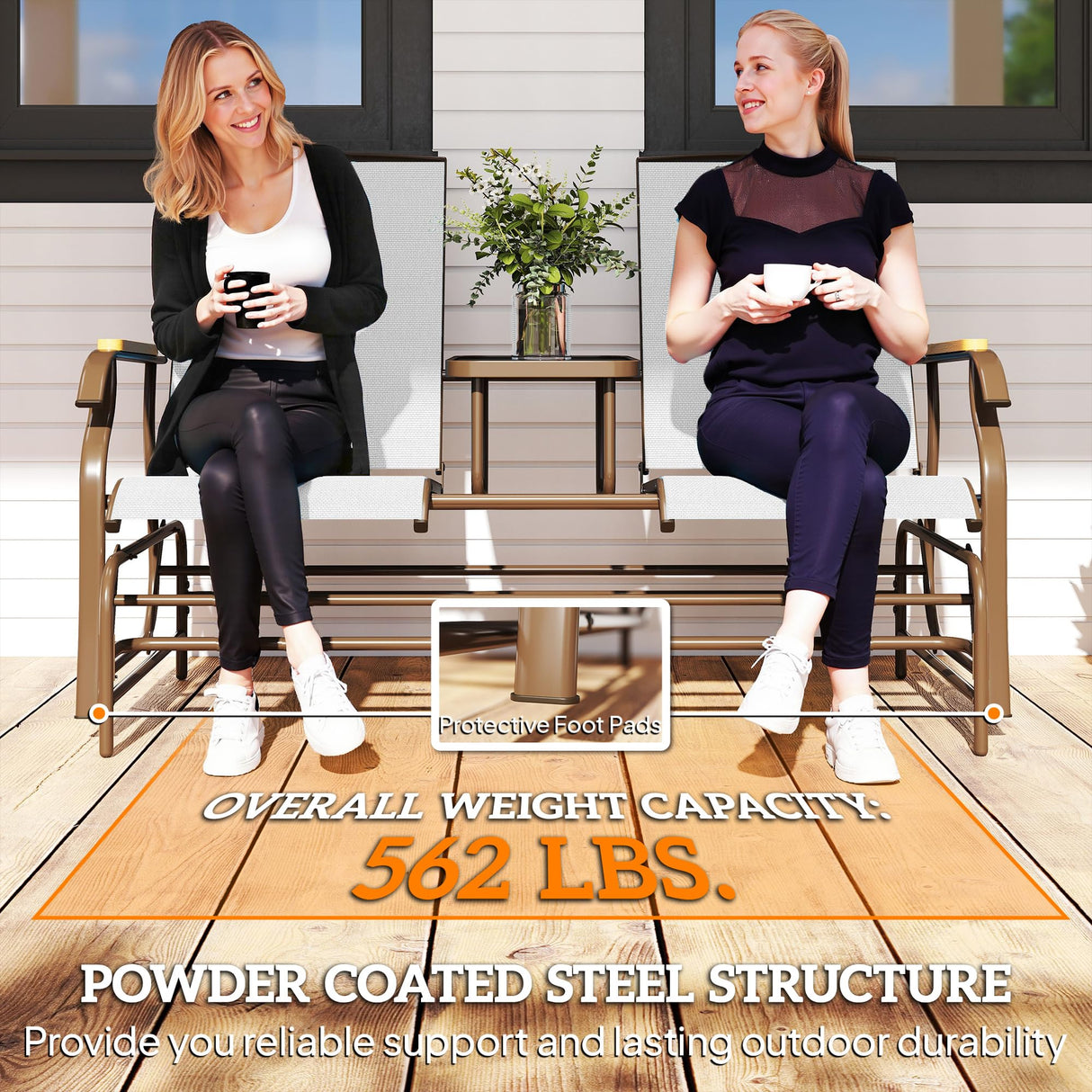 Outsunny 2 Person Outdoor Glider Bench, Patio Swing Glider Chair Loveseat with Breathable Mesh, Table, Steel Frame for Garden, Backyard, Porch, Cream White Outsunny