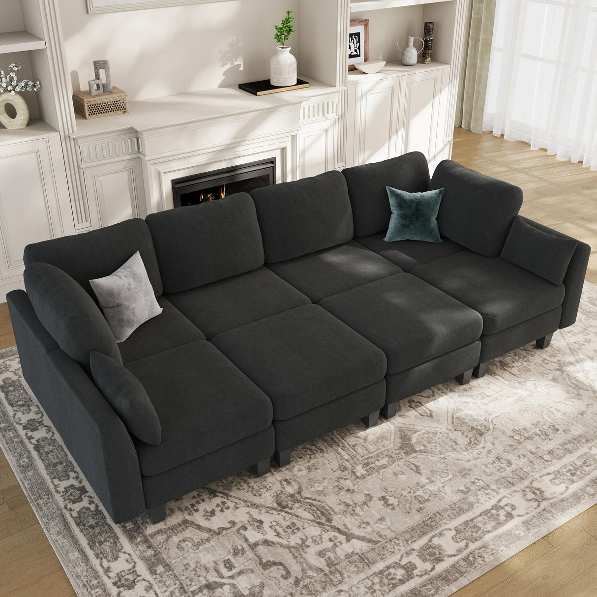 Dowiean Sectional Sleeper Sofa, 8 Seaters Modular Sleeper Sofa Couch, Comfy Sectionals Couches Bed, Convertible Sofas with Ottomans, Modular Sectional Couches for Living Room, Dark Grey Dowiean