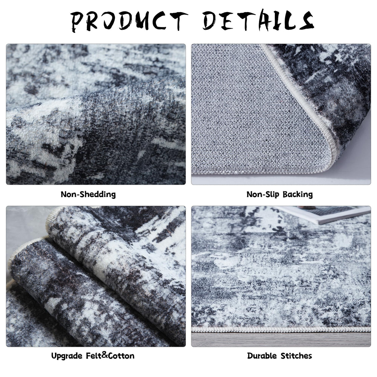 Rugcomf Area Rug 5x7 Washable Rug Boho Soft Abstract Pattern Non-Slip Faux Wool Vintage for Living Room, Bedroom, Farmhouse, Dining Room, Kids Playroom, Grey and Black Rugcomf