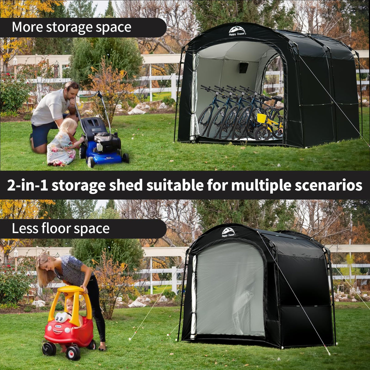 Happy Travel Bike Storage Tent, Outdoor 8×7×6.3ft Large 2-in-1 Portable Shed More 30% Top Space W/Double Doors with Mesh, Outside Lawn Mower Shelter and Bicycle Cover for Patio Furniture, Garden Tools HAPPY TRAVEL