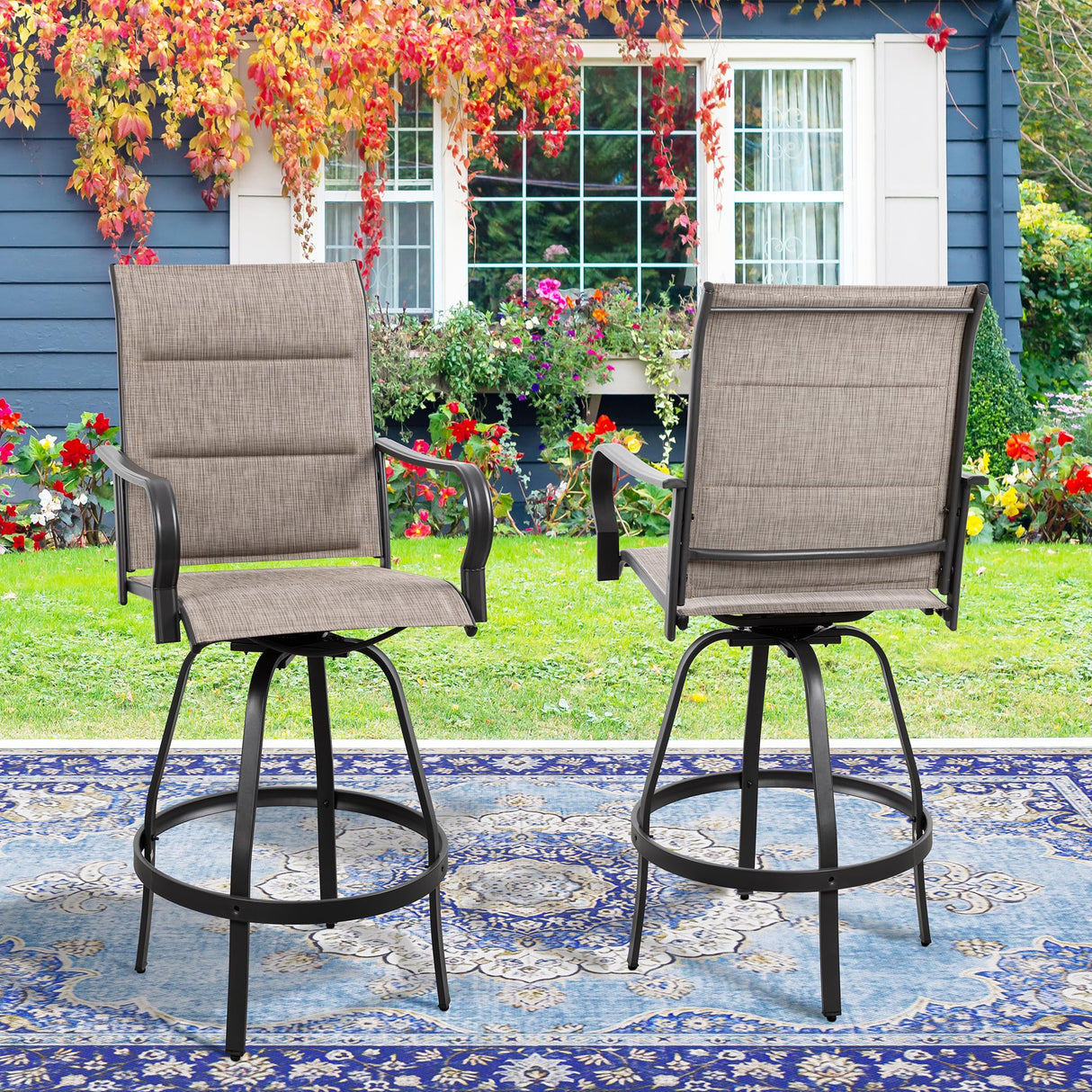 Vongrasig 4 Piece Outdoor Patio Swivel Bar Chairs, All Weather Padded Sling Textile High Top Bar Stools, Bistro Set for Backyard, Lawn Garden, Balcony, Gray Vongrasig