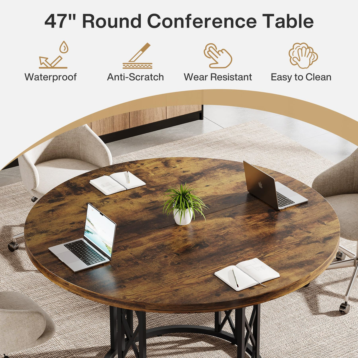 Tribesigns 47" Round Conference Table, Round Business Meeting Table with Metal Base, Small Seminar Table Reception Negotiation for Office Meeting Conference Room Tribesigns