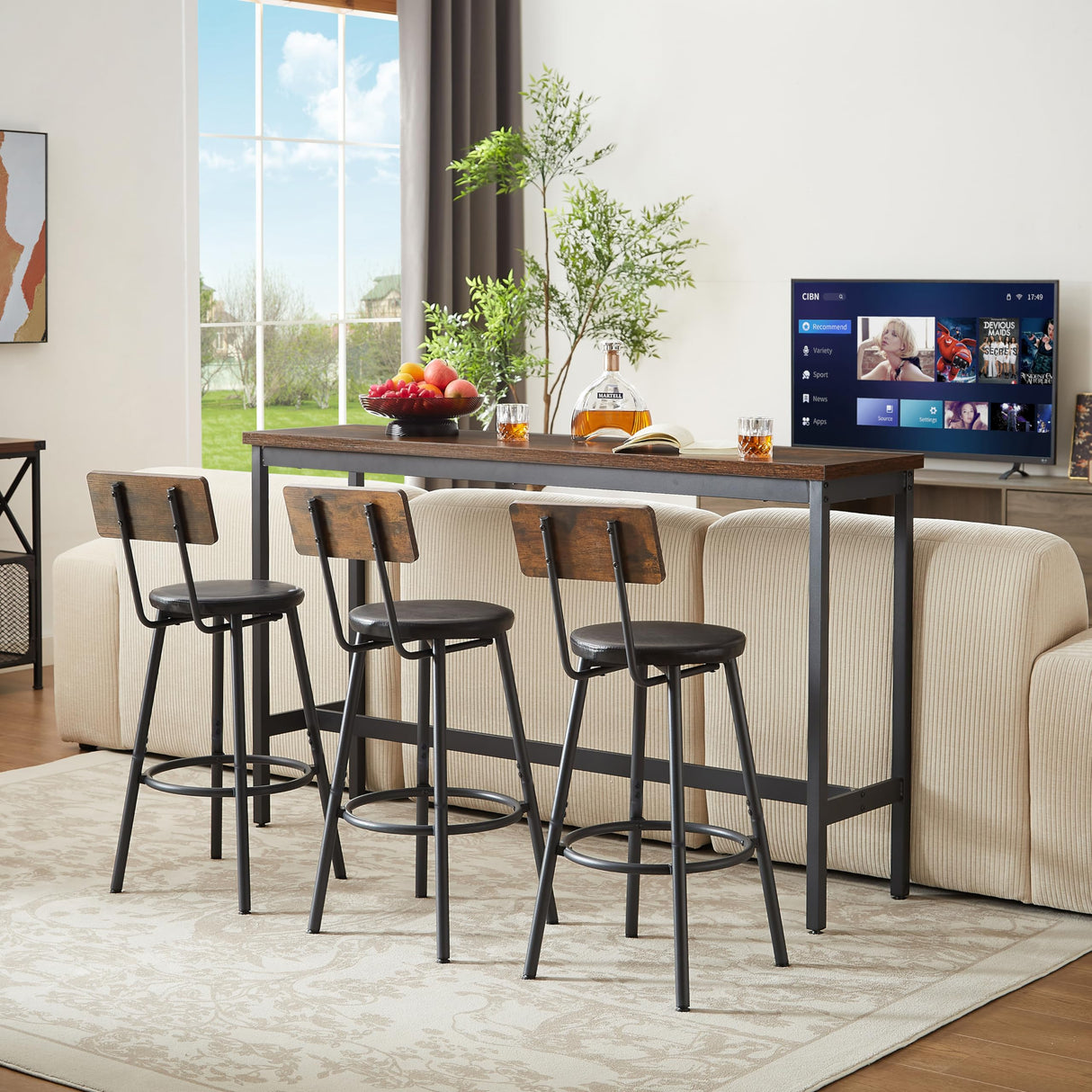 Elevon 63 IN Long Bar Table Set with 3 PU Upholstered Bar Stools, Dining Table and Chair Sets, Industrial Tall Coffee Table and Back Chair for Kitchen, Living Room, Party Room, Small Space, Pub, Brown Elevon