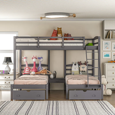 Triple Bunk Bed Full Over 2 Twin Bunk Bed for 3, Wood Triple Bunk Bed with 3 Drawers and Guardrails, 3 Bunk Bed for Teens, Kids, Boys, Girls, Teens, Adults No Box Spring Needed