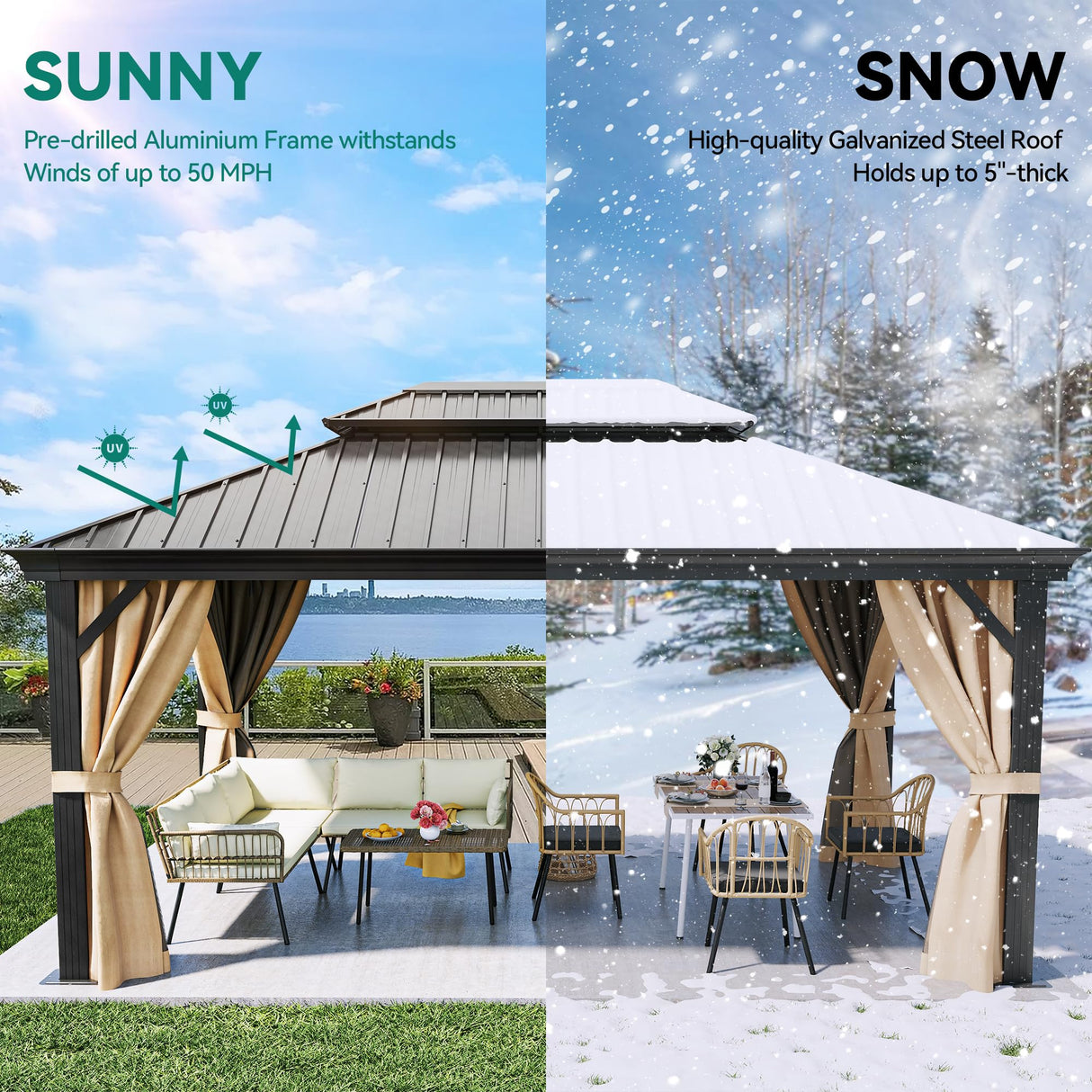 DWVO 12x16ft Hardtop Gazebo Double Roof with Nettings and Curtains, Heavy Duty Galvanized Steel Outdoor Vertical Stripes Roof for Patio, Backyard, Deck, Lawns, Brown DWVO