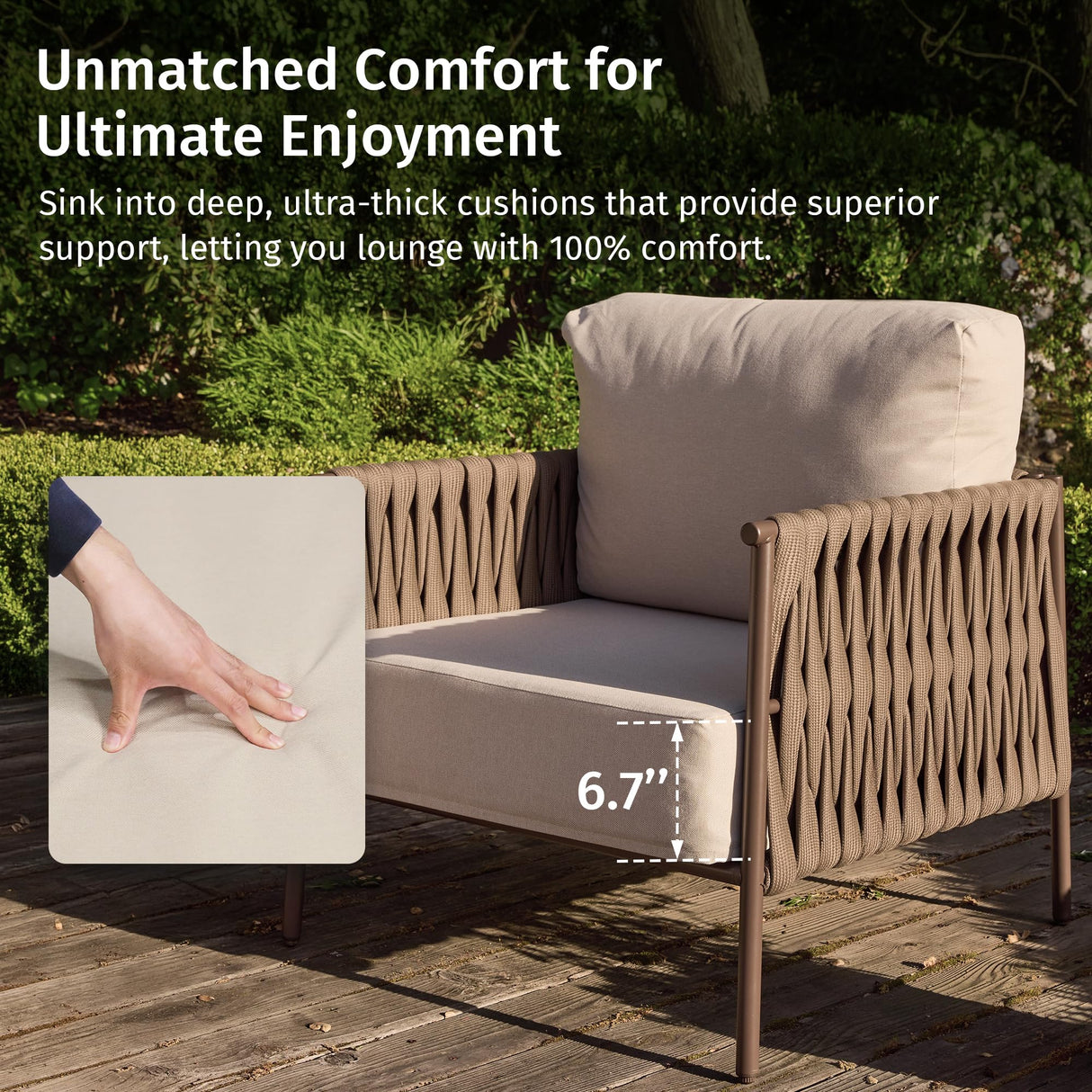 EAST OAK 3-Piece Patio Furniture Set | Armchairs & Coffee Table | Outdoor Furniture with Cushions | Deep Seating Modern Conversation Set | Garden, Porch, Balcony & Backyard | Chestnut & Apricot EAST OAK