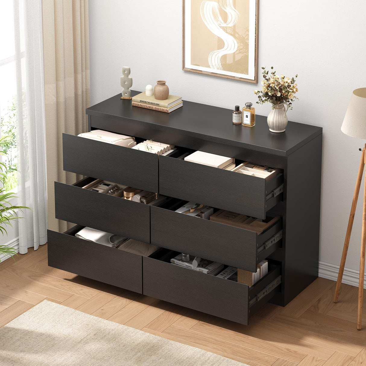 Jocoevol Modern Black 6 Drawer Dresser - Simply Chest of Drawers for Bedroom, Closet, Living Room, Hallway, Entryway, Wood Storage Double Dresser with Smooth Metal Rails - Black Jocoevol