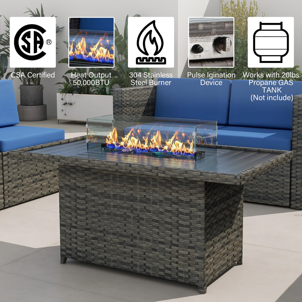 UIXE Outdoor Patio Furniture Sets with Propane Fire Pit Table, 10 Pieces Wicker Patio Sectional Sofa Lounge Couch Seating PE Rattan Conversation Set Includes 45" Gas Fire Table, Light Gray UIXE