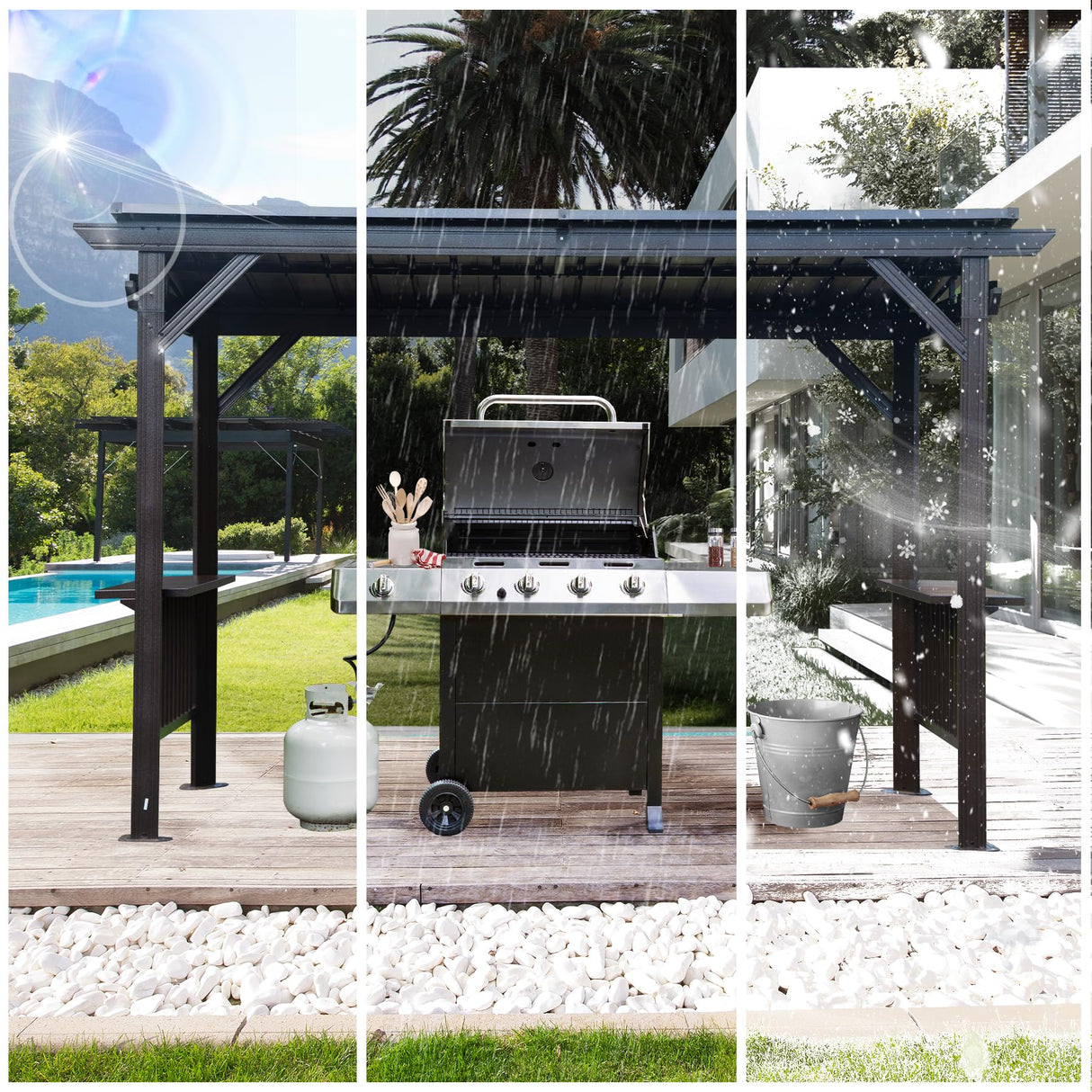 SHPAI 6.5x12FT Hardtop Grill Gazebo, All-Weather Outdoor BBQ Gazebo with 2 Side Shelves and 4 Ceiling Hook, Galvanized Steel Pitched Roof, Outdoor Grill Canopy for Patio, Backyard, Lawn, Deck – Grey SHPAI