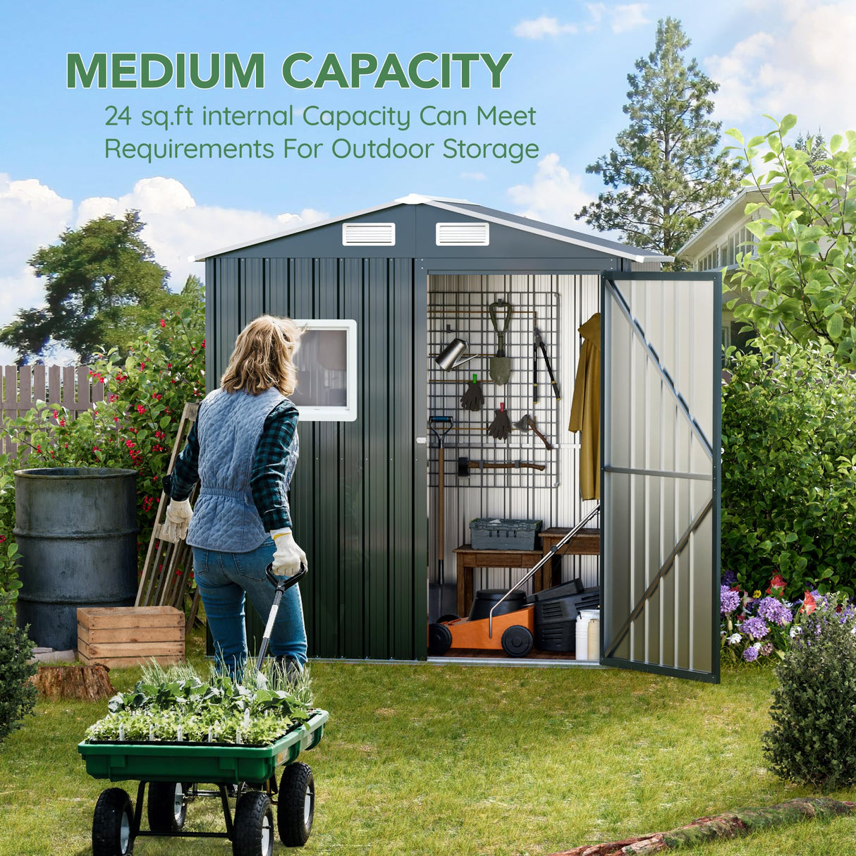 MistMo 6X4X6.5 FT Compact Vertical Outdoor Steel Storage Shed with Lockable Doors, Ideal for Garden, Backyard, and Patio Utility and Small Tool Storage,Bike Shed, Garbage Can, Chicken Coop Mistmo