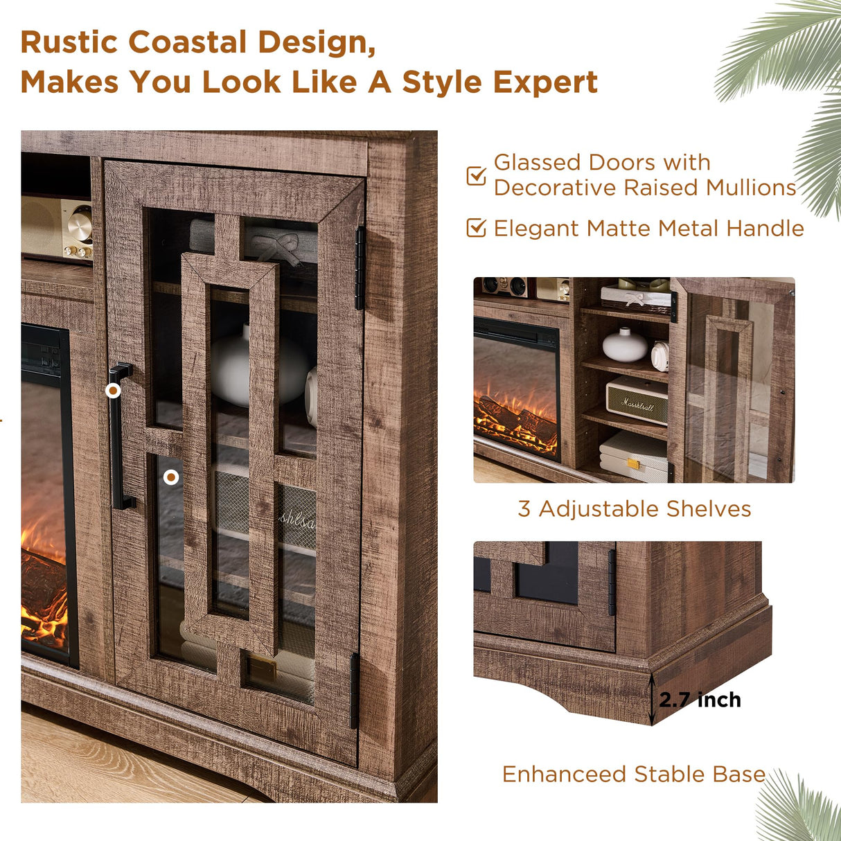 JXQTLINGMU Fireplace TV Stand with 36" Electric Fireplace for 80 Inch TV, Farmhouse 32" Tall Highboy Entertainment Center w/6 Shelves, Modern Media Console w/Storage for Living Room, Rustic Brown JXQTLINGMU