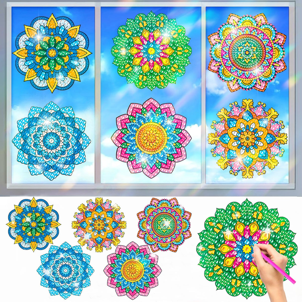ACSAUMMY Diamond Art Kits, 6pcs Mandala Diamond Art Suncatchers Stained Glass Window Stickers, DIY Gem Craft Kit Window Static Clings, Diamond Art Kits for Adults, Kids, Decoration ACSAUMMY