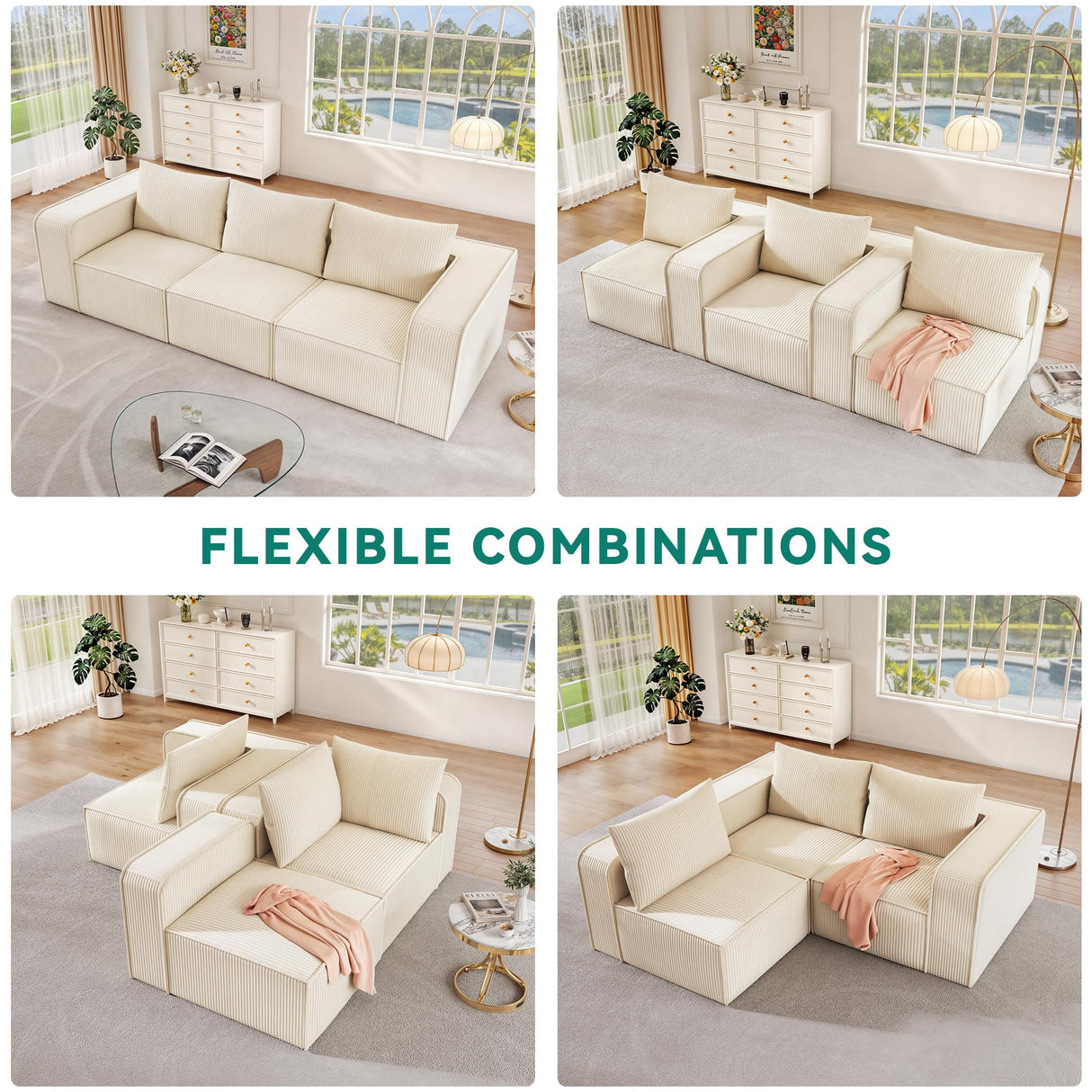 YITAHOME Oversized Deep Modular Sectional Sofa, Cloud Couch 3-Seat Sofa with 3 Pillows, Corduroy Sectional Couches for Living Room, Apartment, Office, Hotel, Bedroom, No Assembly Required, Milky White YITAHOME