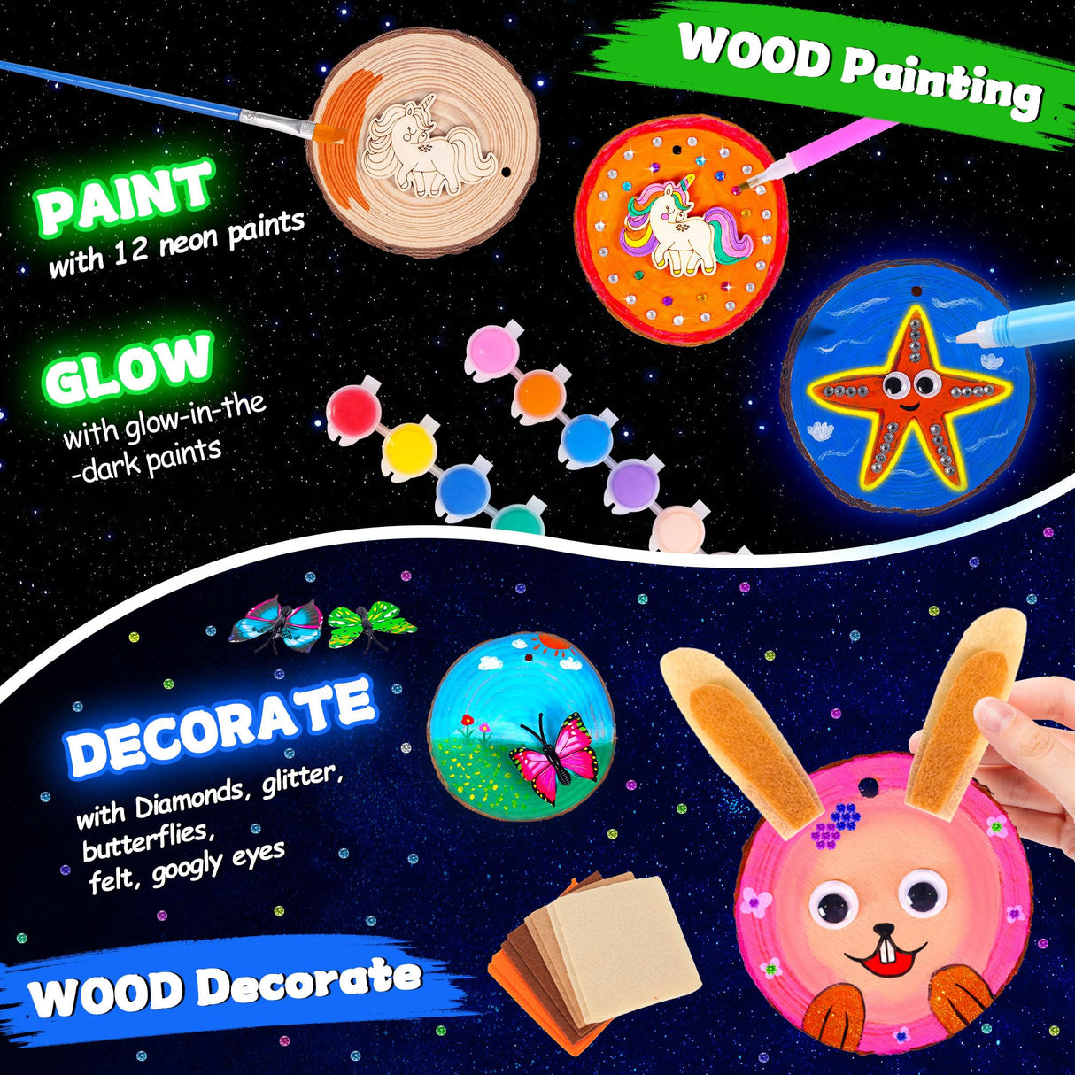Crincy Kids Wooden Painting Kit, Glow in The Dark Paint Kit, Arts and Crafts Birthday Party Gifts for Kids Ages 8-12, Creative Art & Craft Activity Kits Toys for Boys Girls 6 7 8 9 10 12 Year Old Crincy