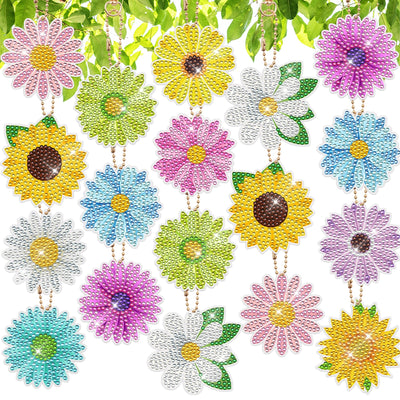 Augisteen 12 PCS Flowers Diamond Painting Keychains Daisy Sunflower Diamonds Art Key Rings Double Sided Full Drill Diamond Keychains Colorful Flowers Hanging Ornaments for DIY Crafts Home Party Decor