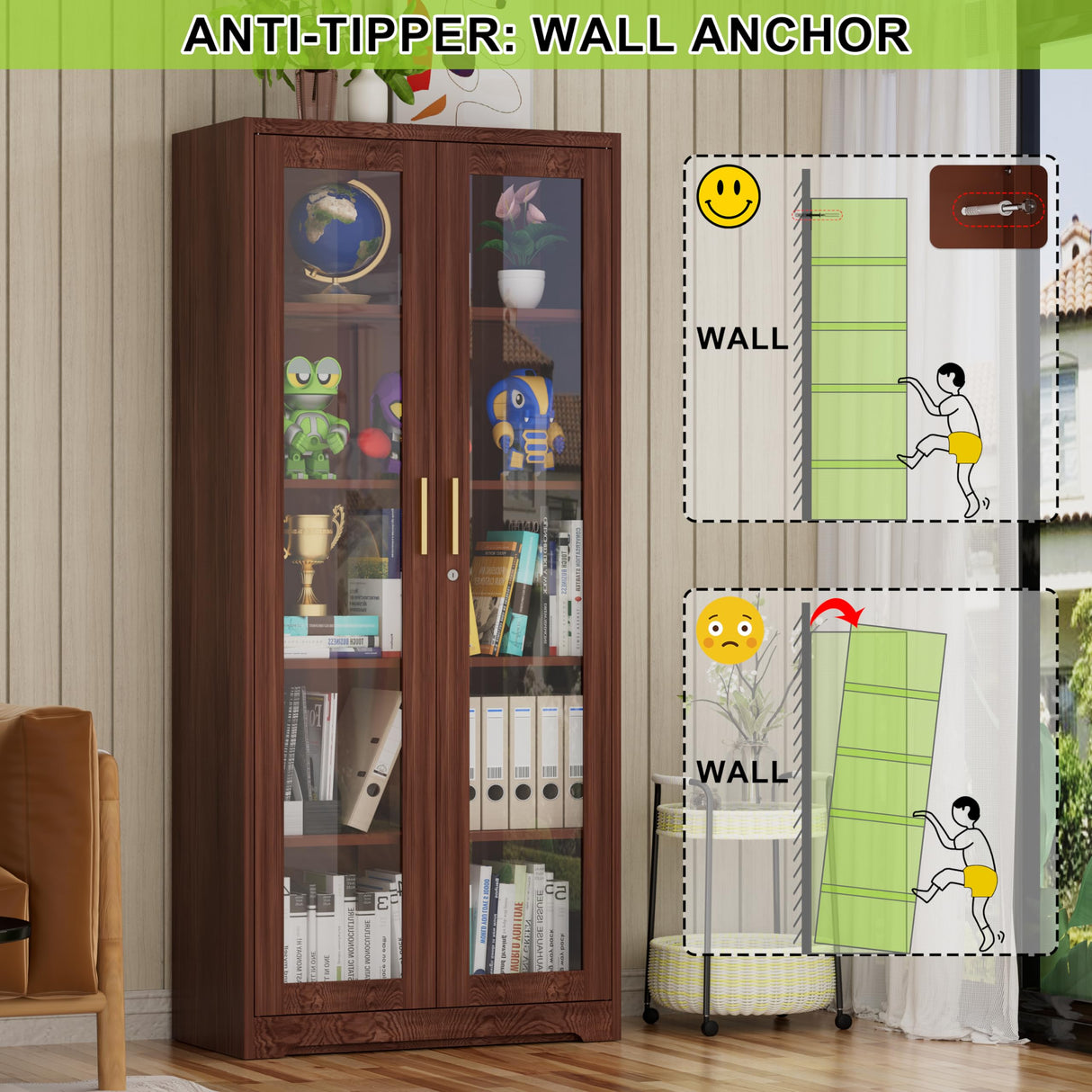 UNICOLY Storage Cabinet with Doors and Shelves, Display Cabinet with Glass Doors, Pantry Cabinet, Curio Cabinet with Locking Doors, Metal Storage Cabinet for Kitchen,Living Room 71” H Brown UNICOLY