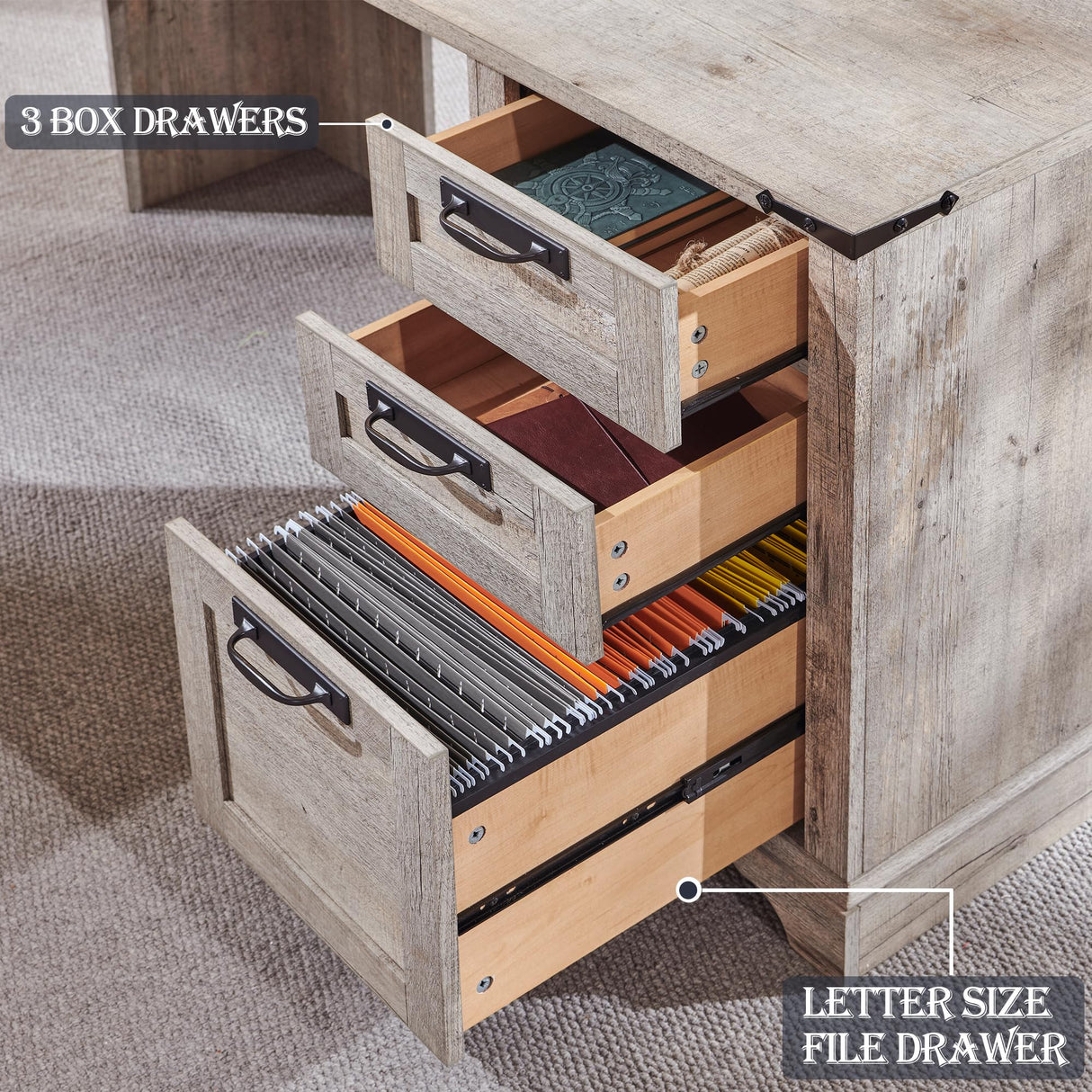 RedLemon 60" Farmhouse L Shaped Executive Desk with Drawers, Wood Home Office Corner Desk with Charging Station, File Drawer, Storage Cabinet, Rustic Computer Writing Desk (Light Rustic Oak) RedLemon